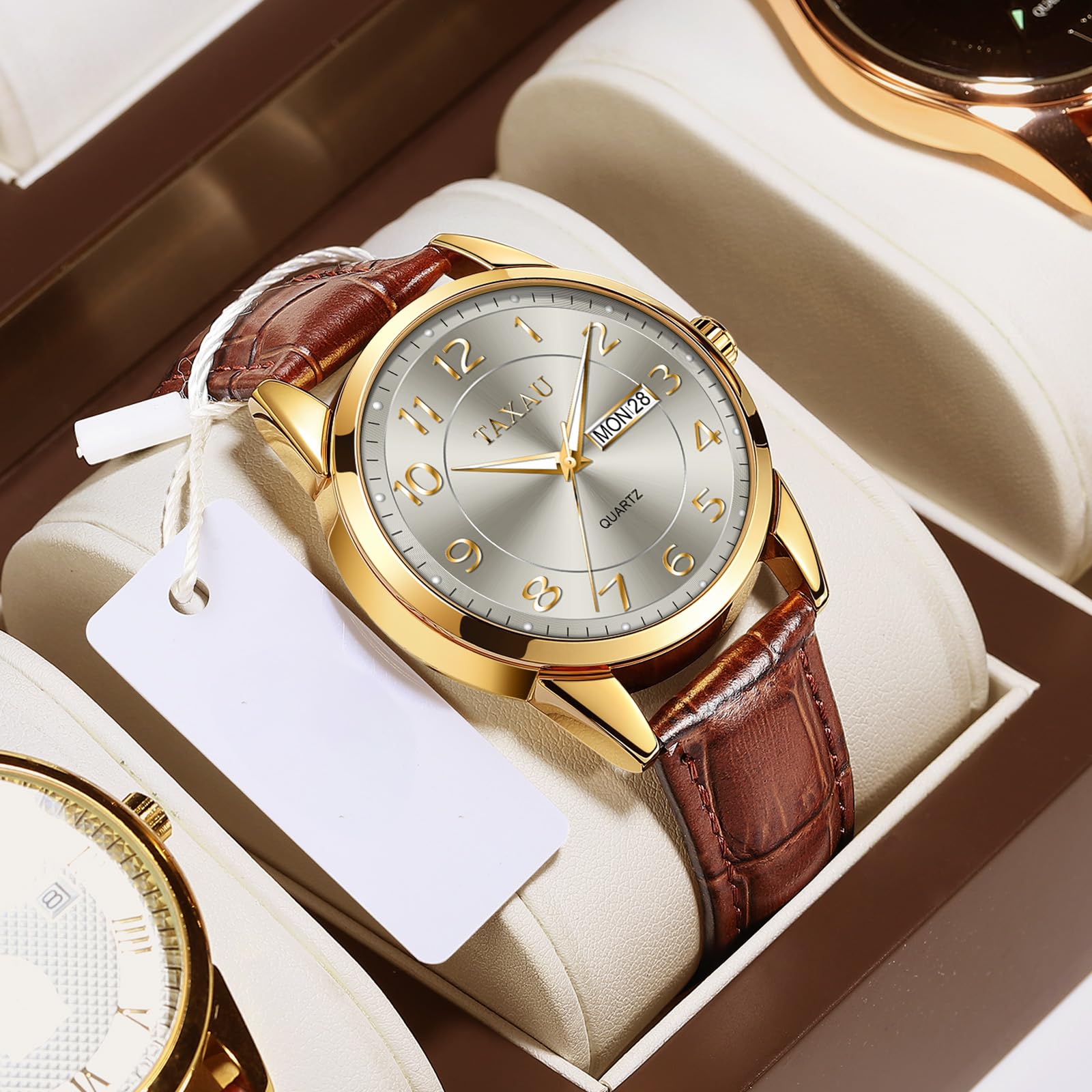 Taxau Herren Armbanduhr Leder Wasserdicht Business Herrenuhr Analog mit Arabischen Ziffern,Datums- und Wochentagsanzeige,Klassische Freizeit Uhr,Luxus Armbanduhr für Büro,Hochzeit