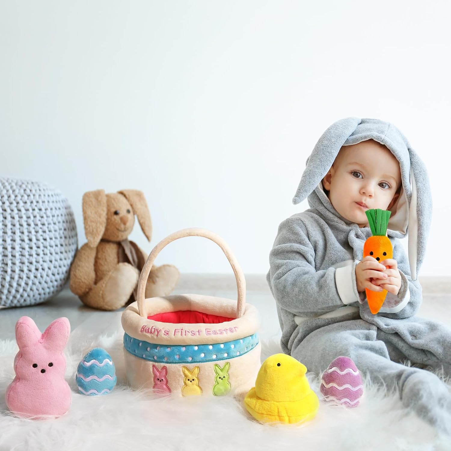 Bunny Chorus My First Easter Basket Stuffers for Babies, 6ct Personalized Baby's First Easter Basket Playset, Peep Bunny Chick Carrot Egg Gifts for Infants Boys Girls Kids Toddlers