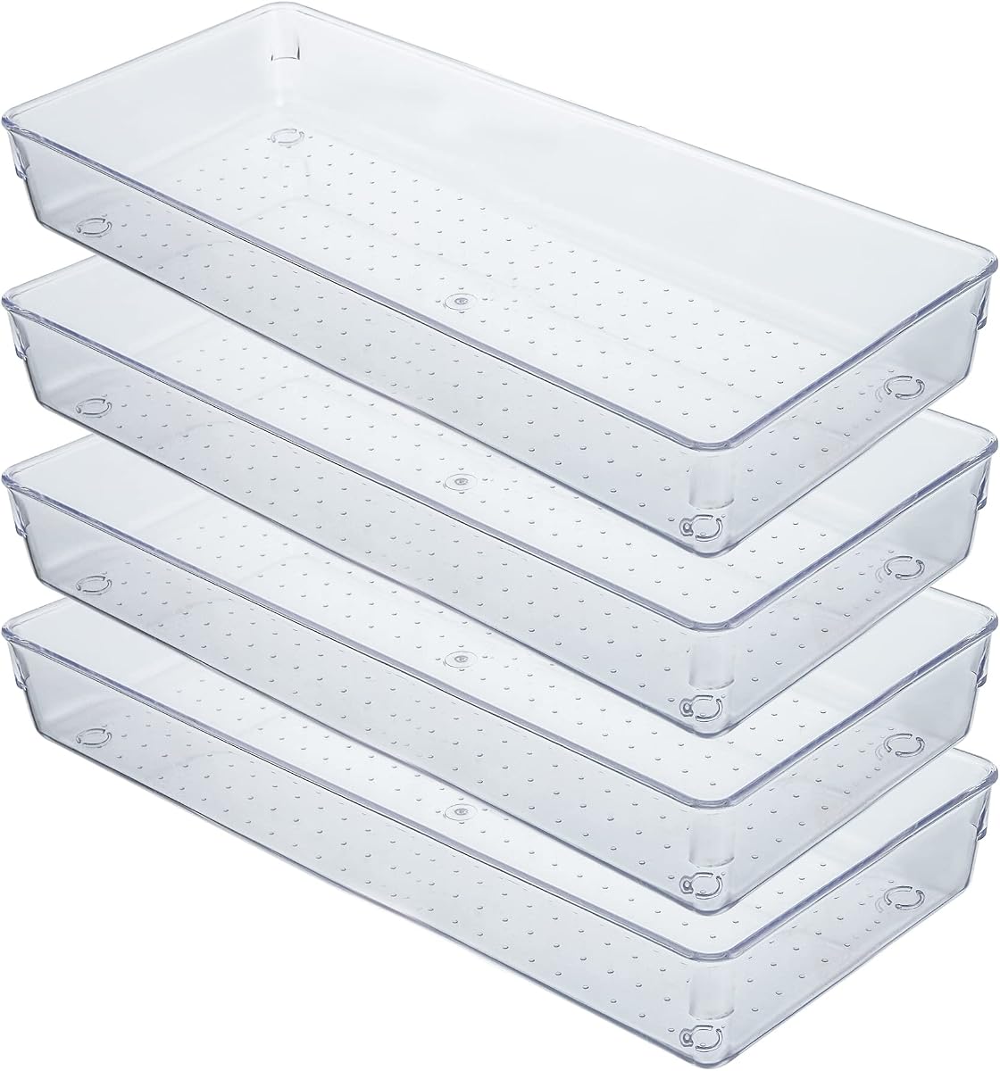 Kingrol 4-Pack Clear Drawer Organizer Bins, 15 x 6 x 2 Inch Desk & Kitchen Drawer Dividers for Utensils, Makeup, Jewelry, Office, Craft Supplies - Durable & Non-Slip Storage Containers