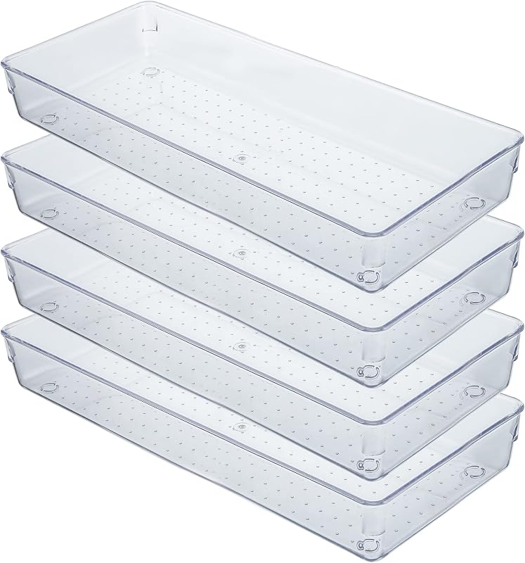 Kingrol 4-Pack Clear Drawer Organizer Bins, 15 x 6 x 2 Inch Desk & Kitchen Drawer Dividers for Utensils, Makeup, Jewelry, Office, Craft Supplies - Durable & Non-Slip Storage Containers