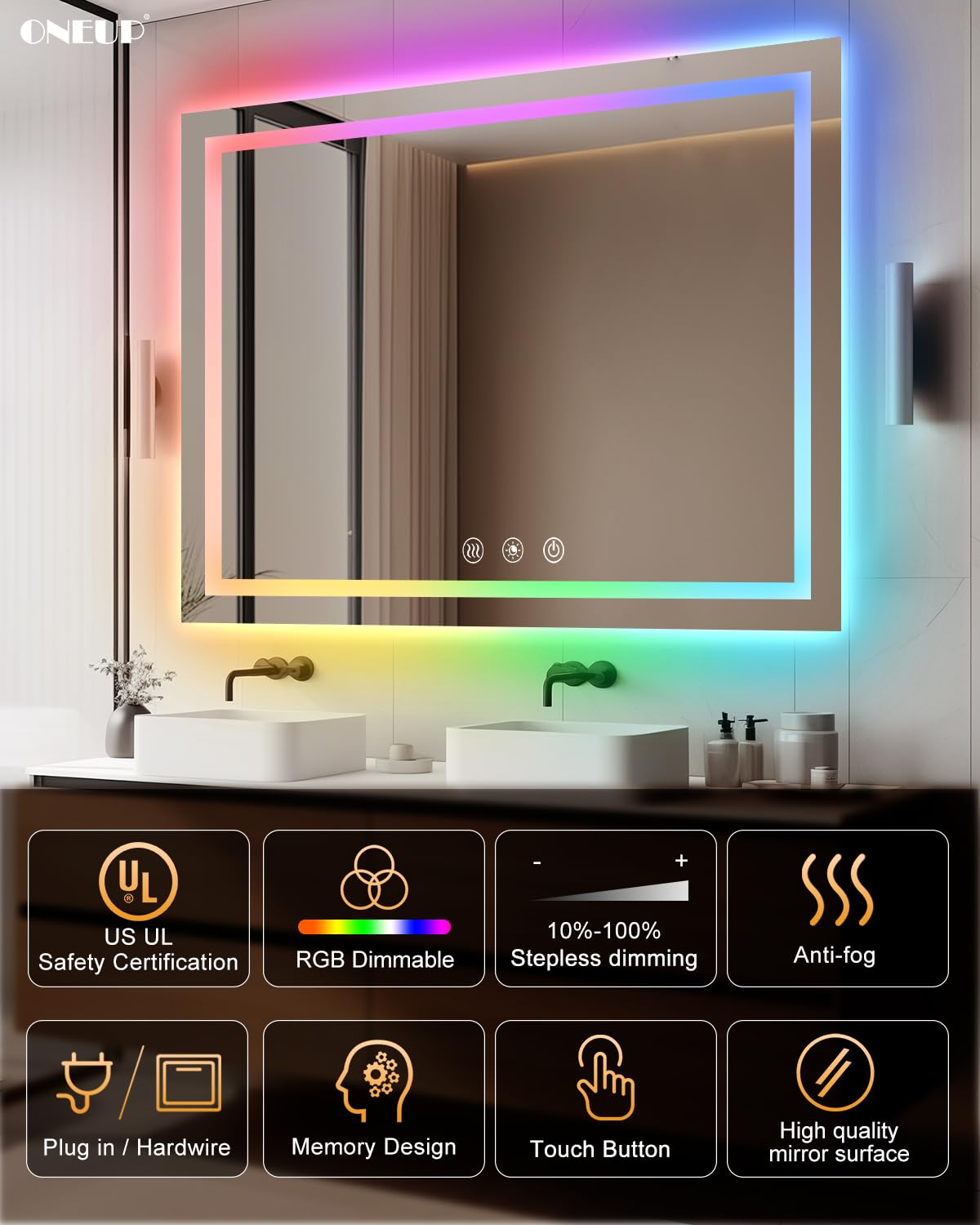 48x40 Inch LED Bathroom Mirror,RGB Color Changing Bathroom Mirror with ...