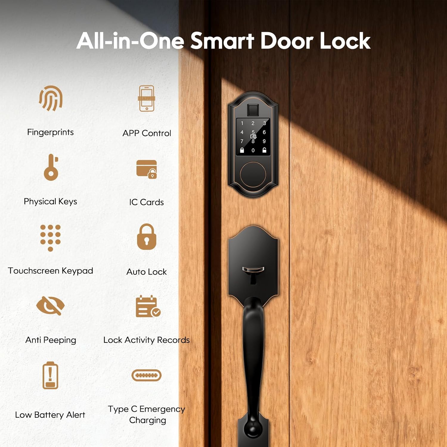 smart door lock set, fingerprint keyless entry door lock with interior knob, front door lock set with keypad and deadbolt, smart locks for front door -app control, auto-lock, oil rubbed bronze