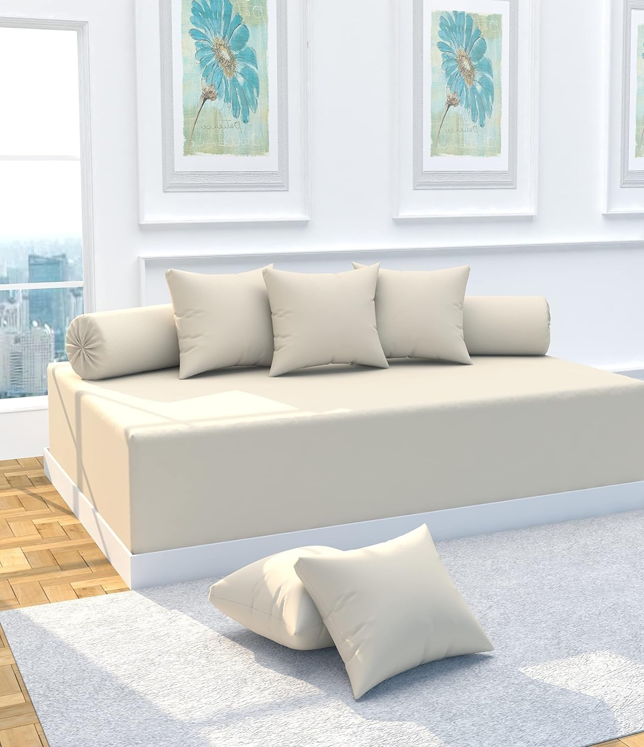 100% Glace Cotton Solid Printed Living Room Hall 8 Pieces Diwan Set Diwan Set with Single bedsheet, 5 Cushion Cover & 2 Bolster Cover (Ivory)-image-9