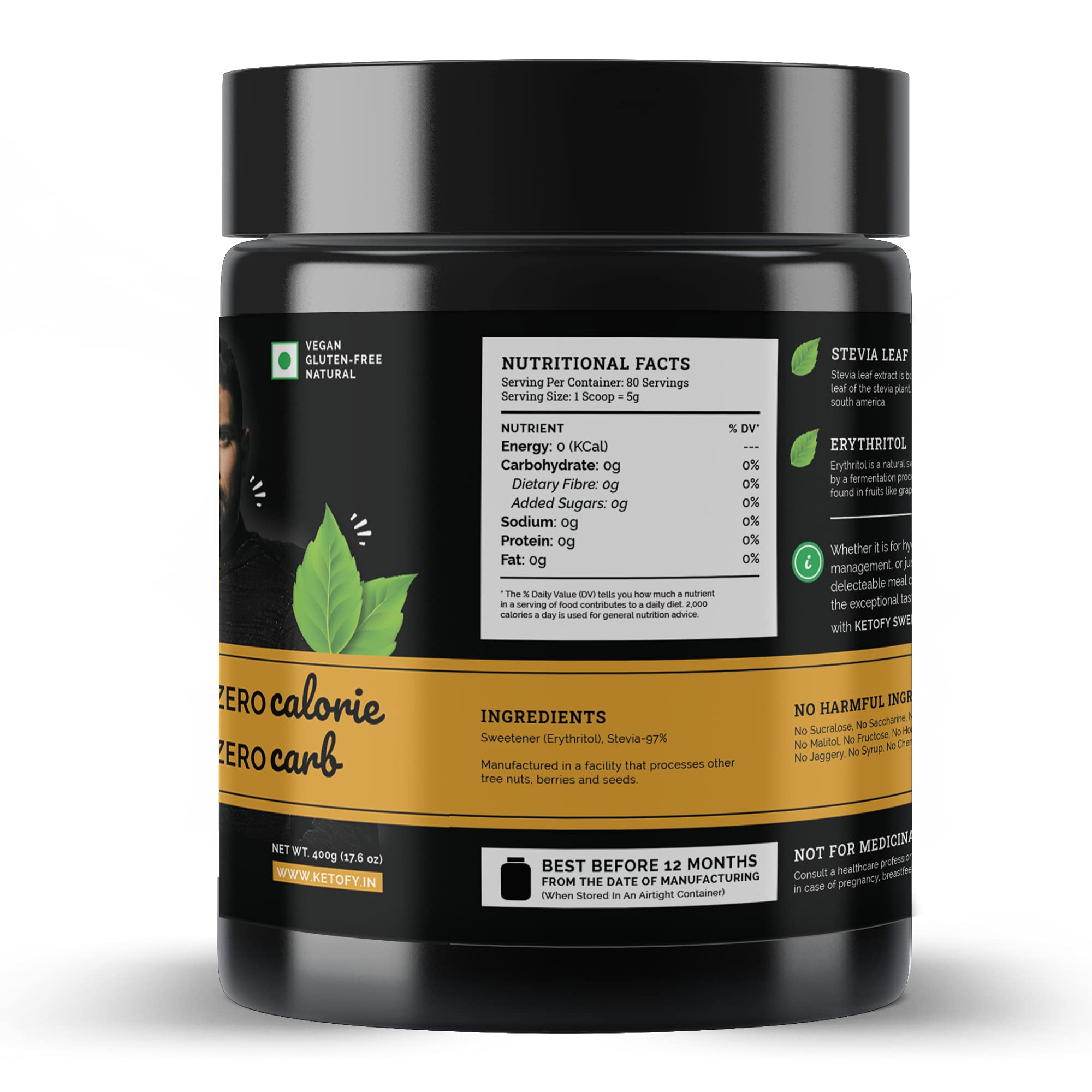 Ketofy Keto Sweetener (400g) Zero Carb & Zero Calories Contains
