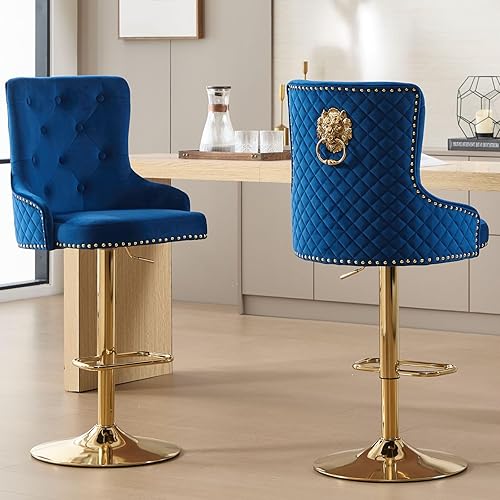 Miniatura 57 de Juego de 2 taburetes de bar giratorios ajustables de terciopelo con respaldo alto copetudo, modernos taburetes de altura de mostrador con base