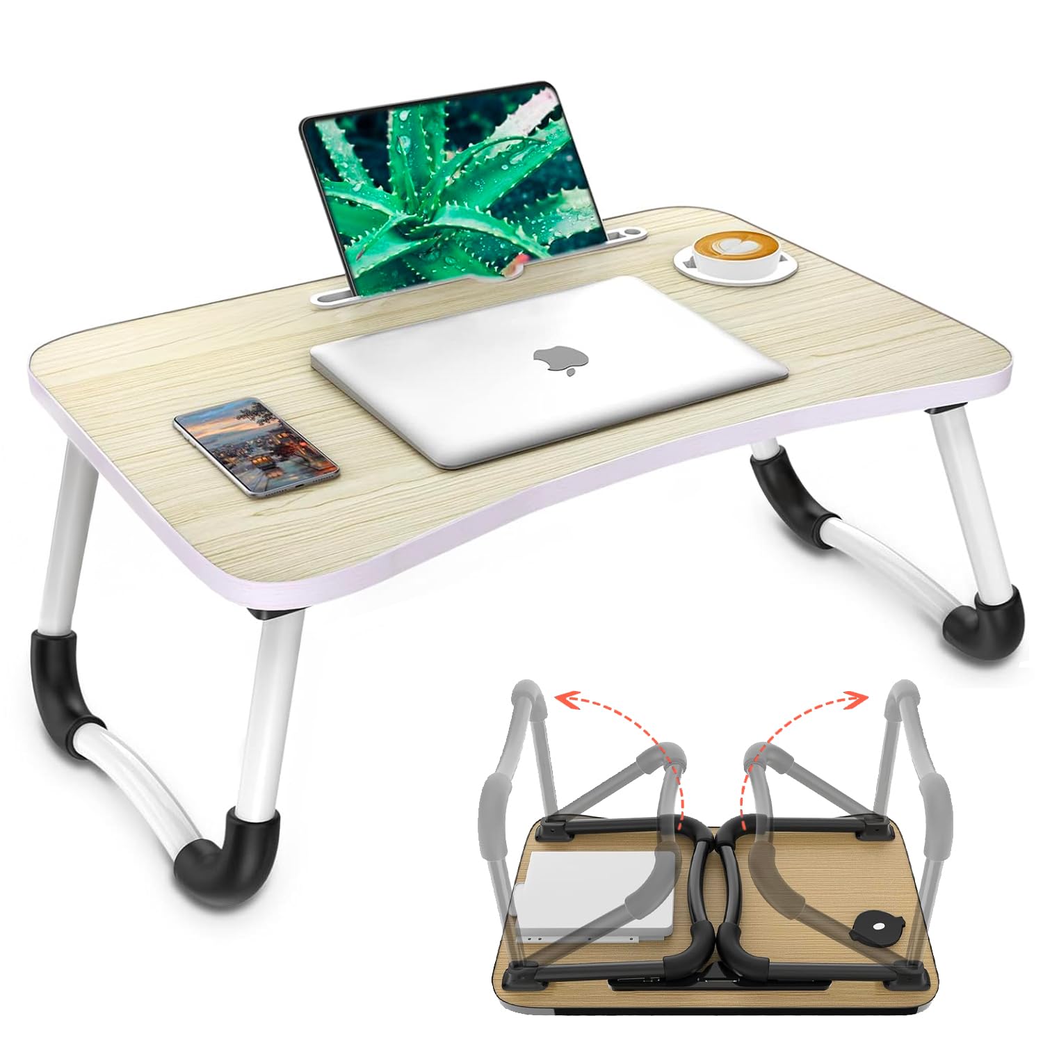 Avilia Tavolino Pieghevole da Letto con Porta Bicchiere e Leggio per Tablet, 60x40 cm, Nero, Salvaspazio, Facile da Trasportare, Ideale per Soggiorno, Camera, Aree Relax e Smart Working