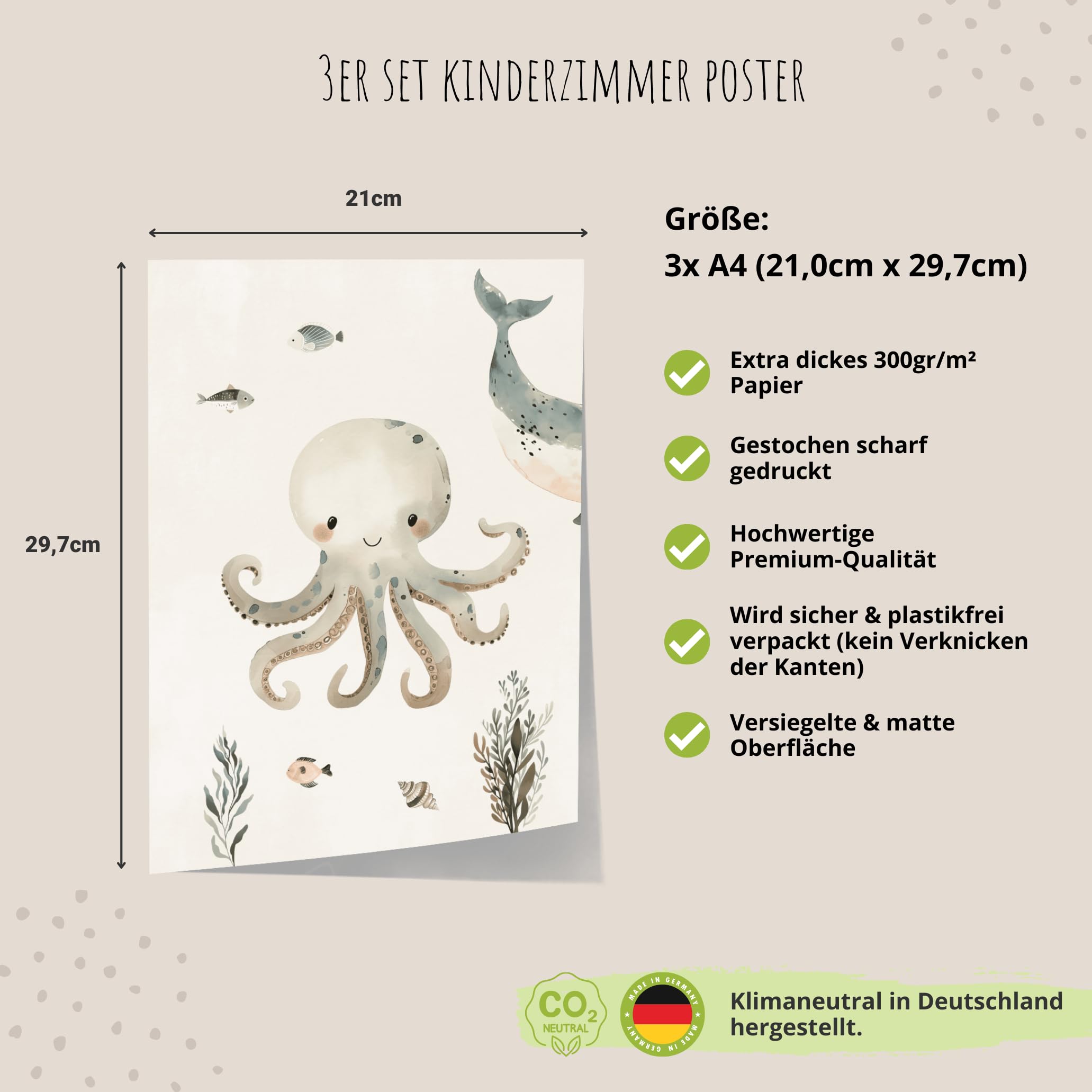 MeinBaby123® Unterwasserwelt Bilder | 3er Set DIN A4 | Wal, Qualle, Schildkröte | Kinderzimmer Deko Meer | Geschenk zur Geburt (Unterwasserwelt V7)