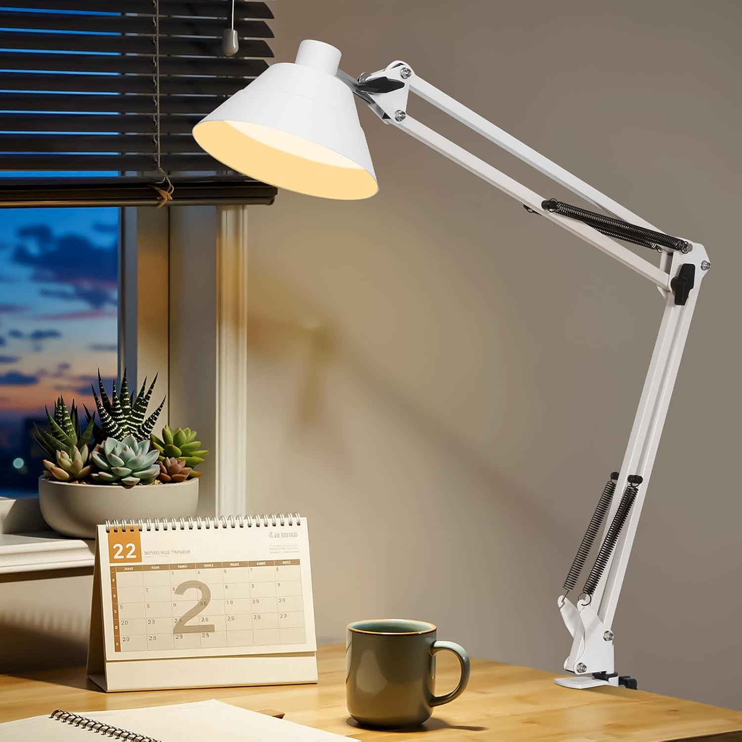 Led Desk Lamp for Home Office - Swing Arm Desk Lamp with Clamp - Architect Adjustable Gooseneck Table Lamp with 5 Color Modes & 10 Brightness for Reading Working Drafting (White)