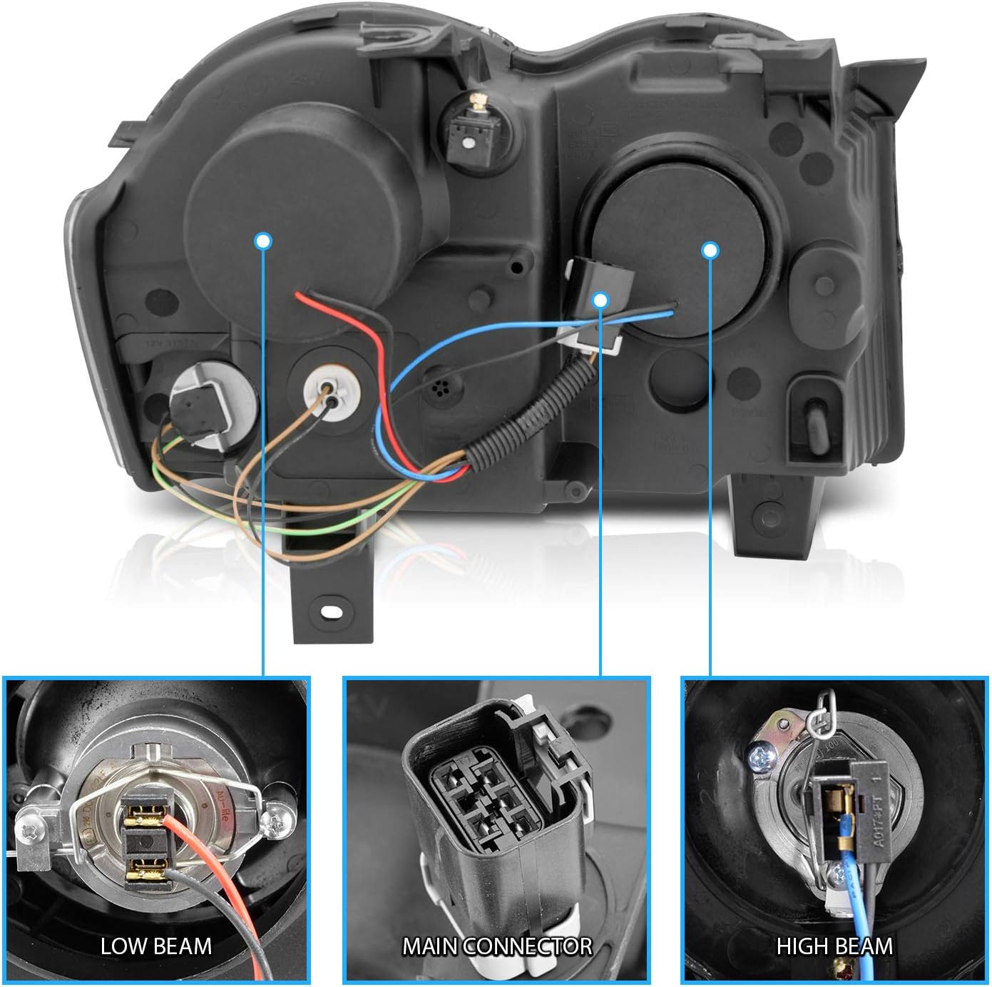 AmeriLite Black Projector Replacement Headlights Xtreme LED Halo Bar Set For 2008-2010 Jeep Grand Cherokee - Passenger and Driver Side