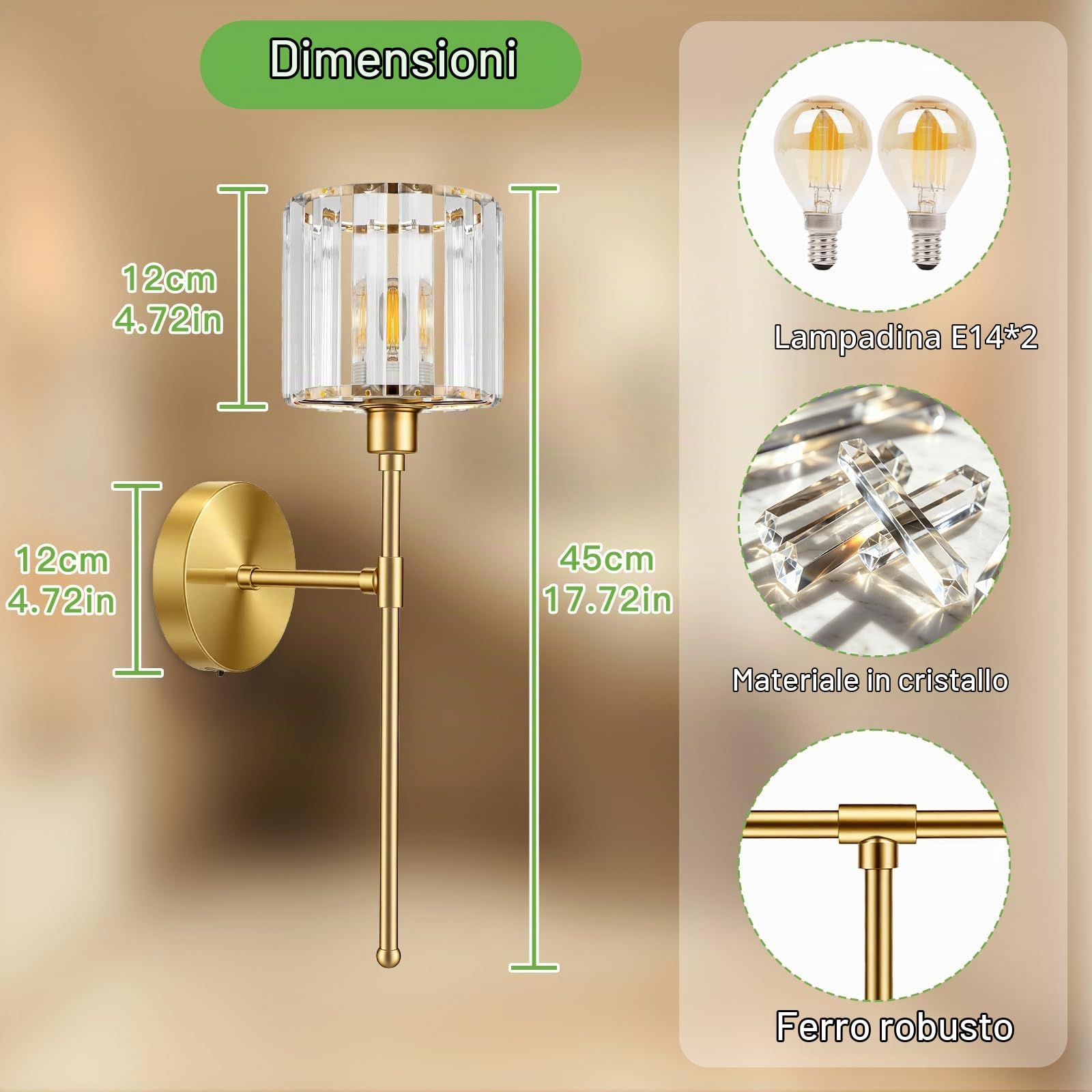 Kimjo Applique da Parete Interno LED, Dorata Lampada da Parete Ricaricabile | Applique Ricaricabile da Parete in Cristallo, 2 Pezzi Moderno Lampada da Parete Senza Fili, USB-C Dimmerabile Lampada da Muro