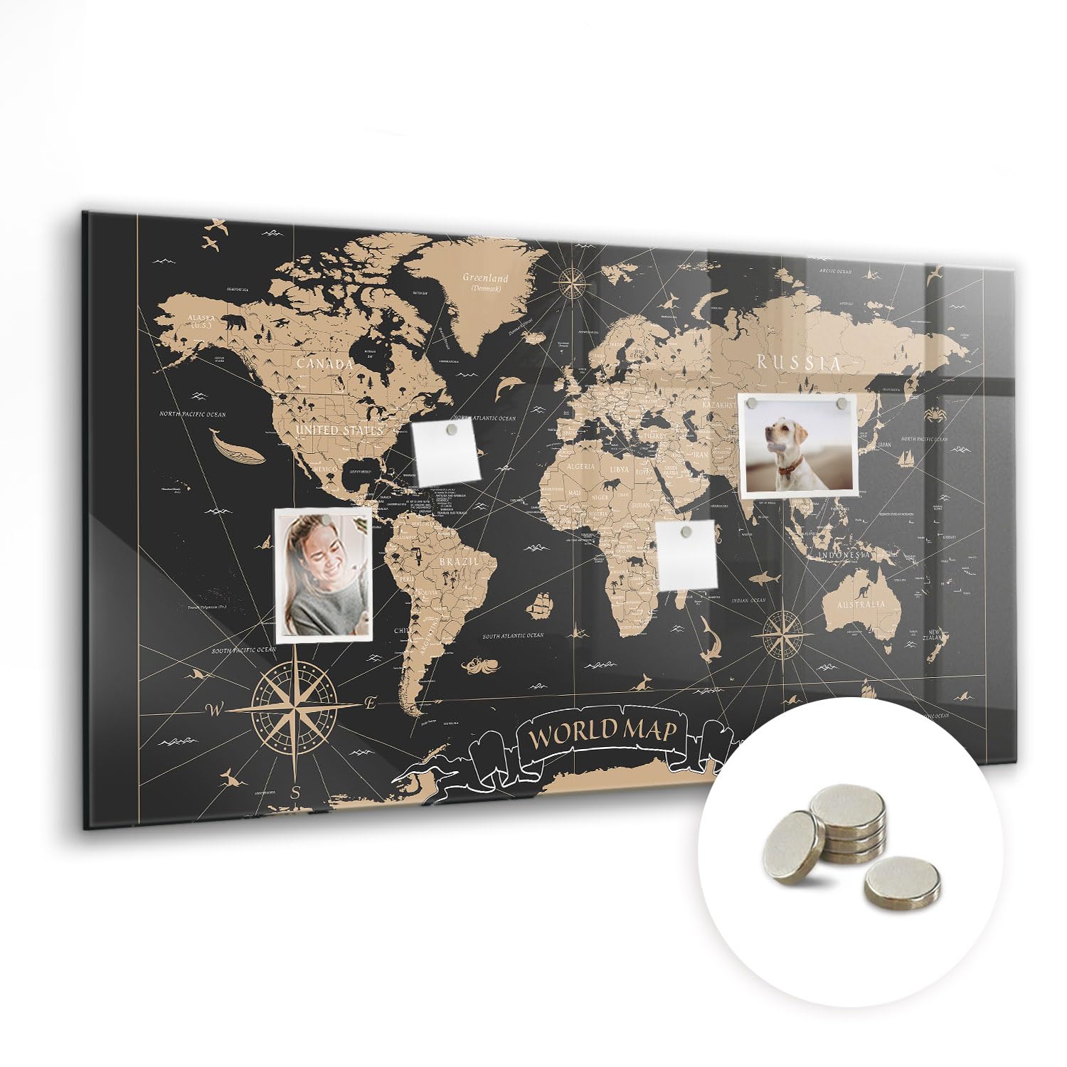 Magnettafel aus Glas mit Neodym-Magneten | Hochwertige Glasmagnettafel für Büro, Küche & Homeoffice | Schreibtafel abwischbar, kratzfest & modern im Design - 120x60cm Vintage-Weltkarte