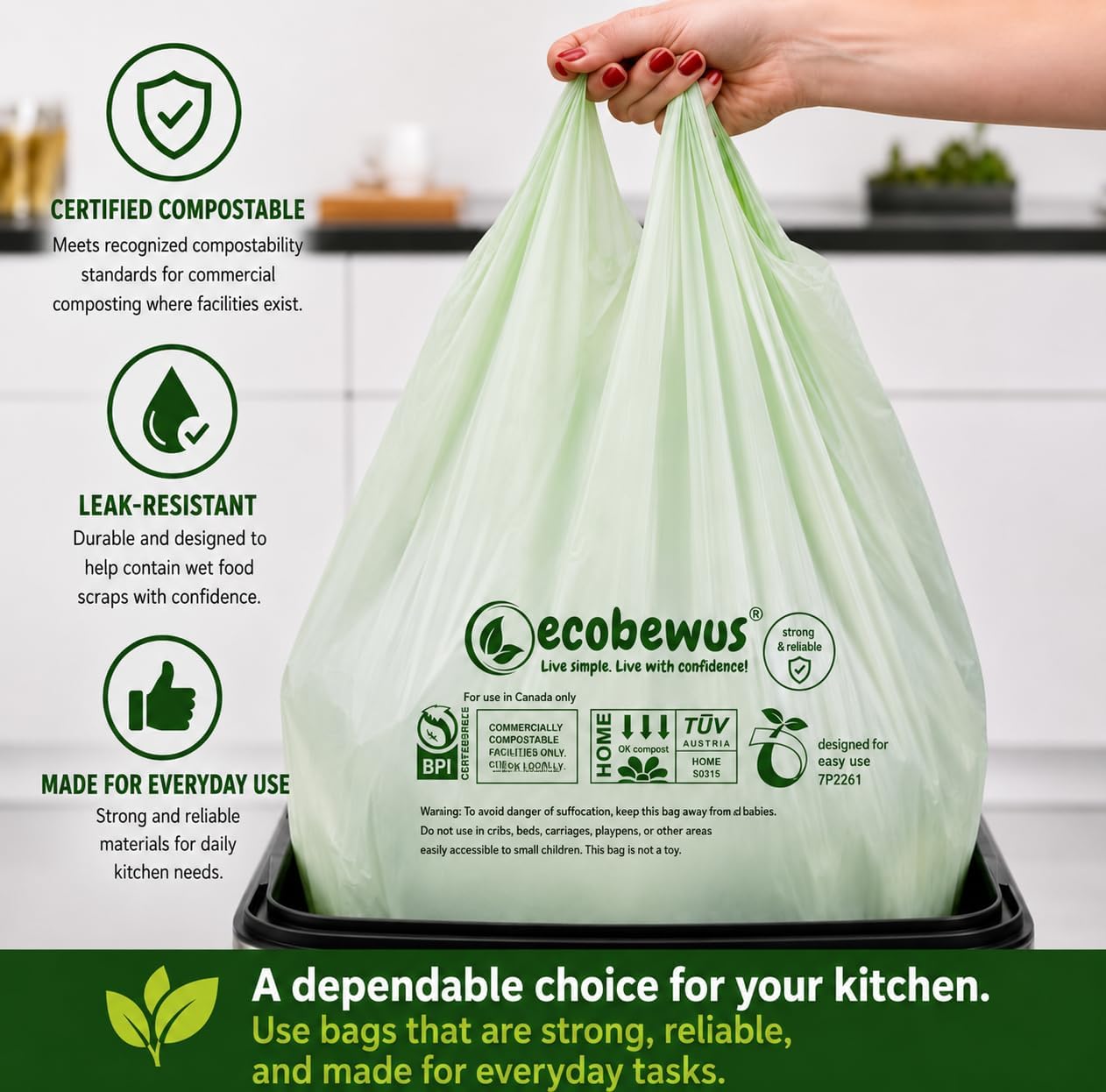 Certified Compostable 13 Gal Bags (35 Bags) Tall Kitchen Food Scrap Bags Certified Compostable Trash Bags BPI Certified Compostable & TÜV OK Compost HOME Certified, Meets ASTM D6400 (35 ct.) image 5