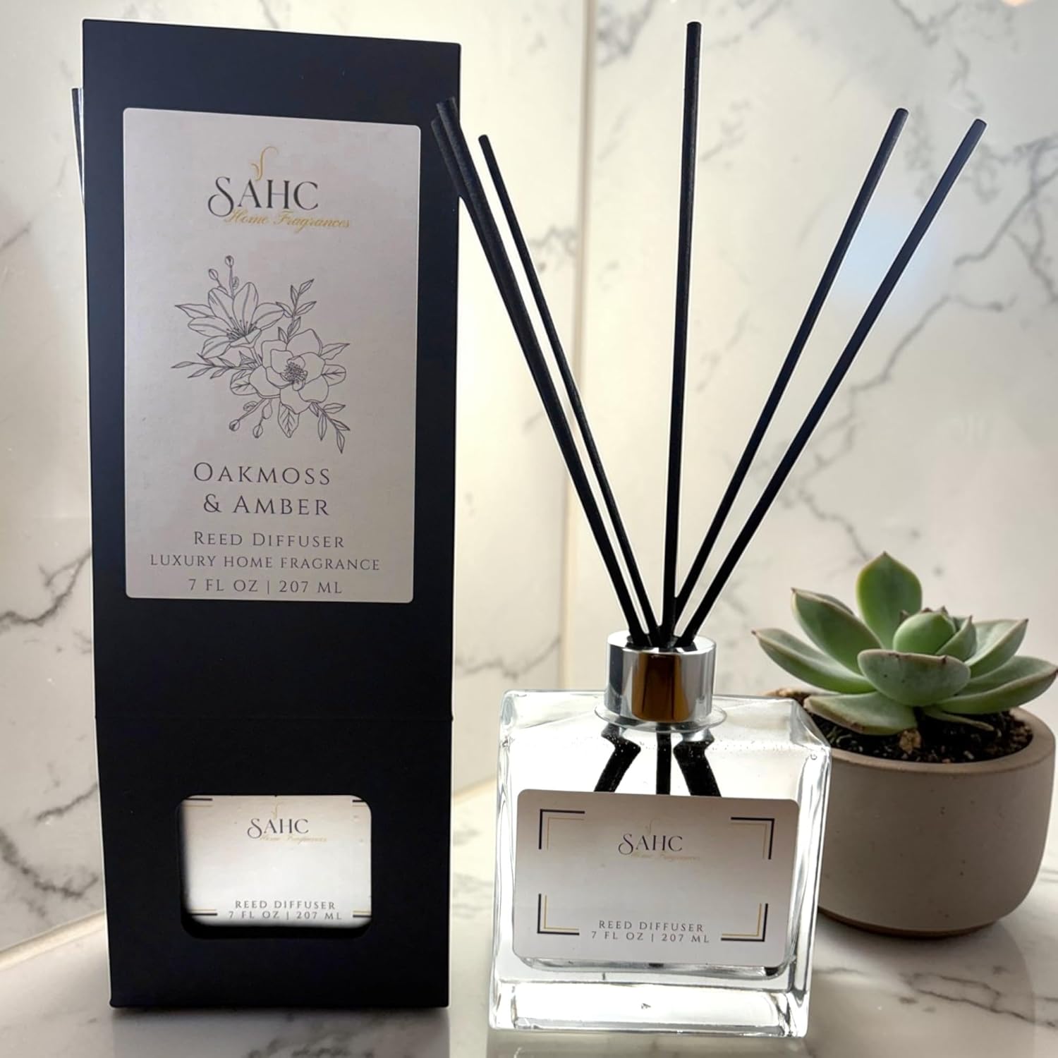 SAHC Reed Diffuser - Oakmoss & Amber - Sage, Lavender & Warm Amber Luxury Scent - 10" No-Flip Black Fiber Reeds - Luxury Home Decor Gift for Him and Her - Wedding Favors (7oz)