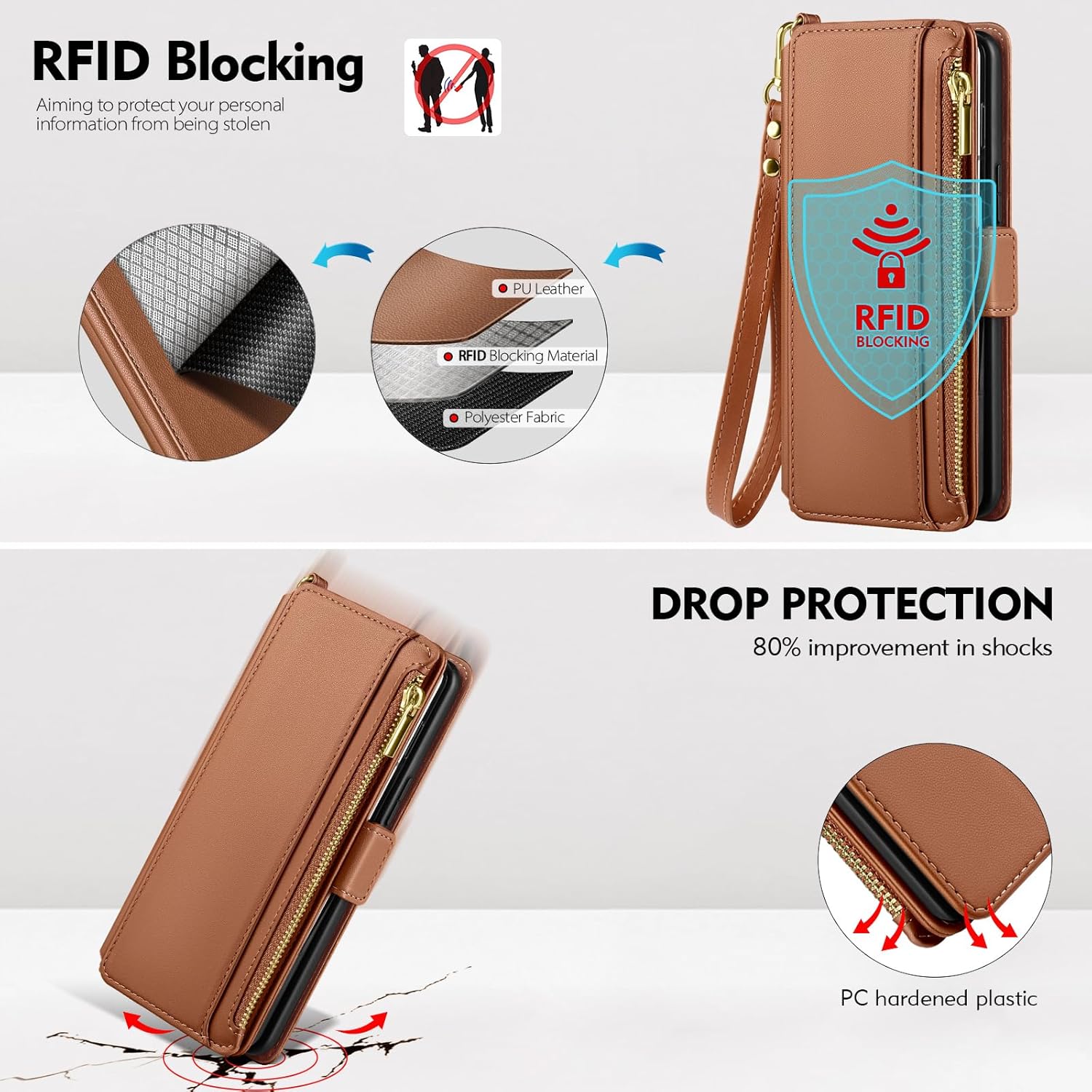 Antsturdy Compatible with Samsung Galaxy Z Fold7 Case Wallet with Card Holder,Z Fold 7 5G Phone Case with Strap Shockproof PU Leather RFID Blocking Flip Cover Credit Card Slots Women Men,Light Brown
