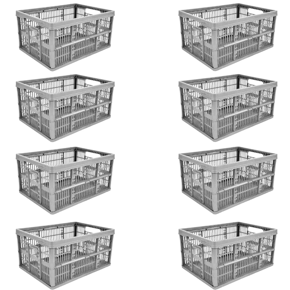 Monal Grey Homion 32L Foldable Plastic Storage Crate – Collapsible Stackable Basket With Handles For Home, Garage & Car Boot – – Pack Size Selection (8)