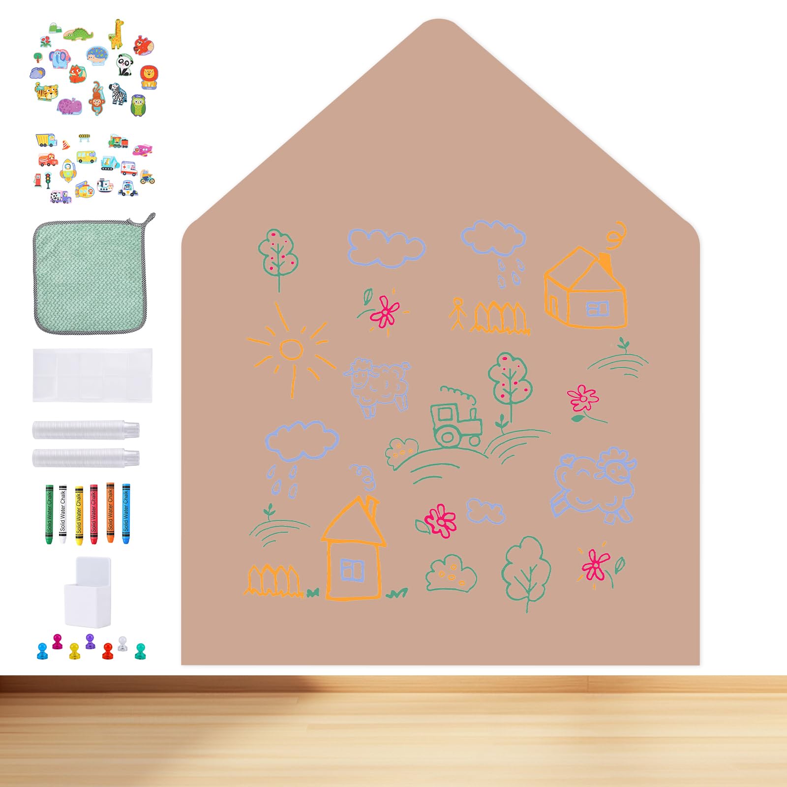Lavagna magnetica multifunzionale con 2 set di magneti (animali e veicoli), lavagna curva autoadesiva con accessori per gesso, per pareti, vetro e legno (colori tè al latte)