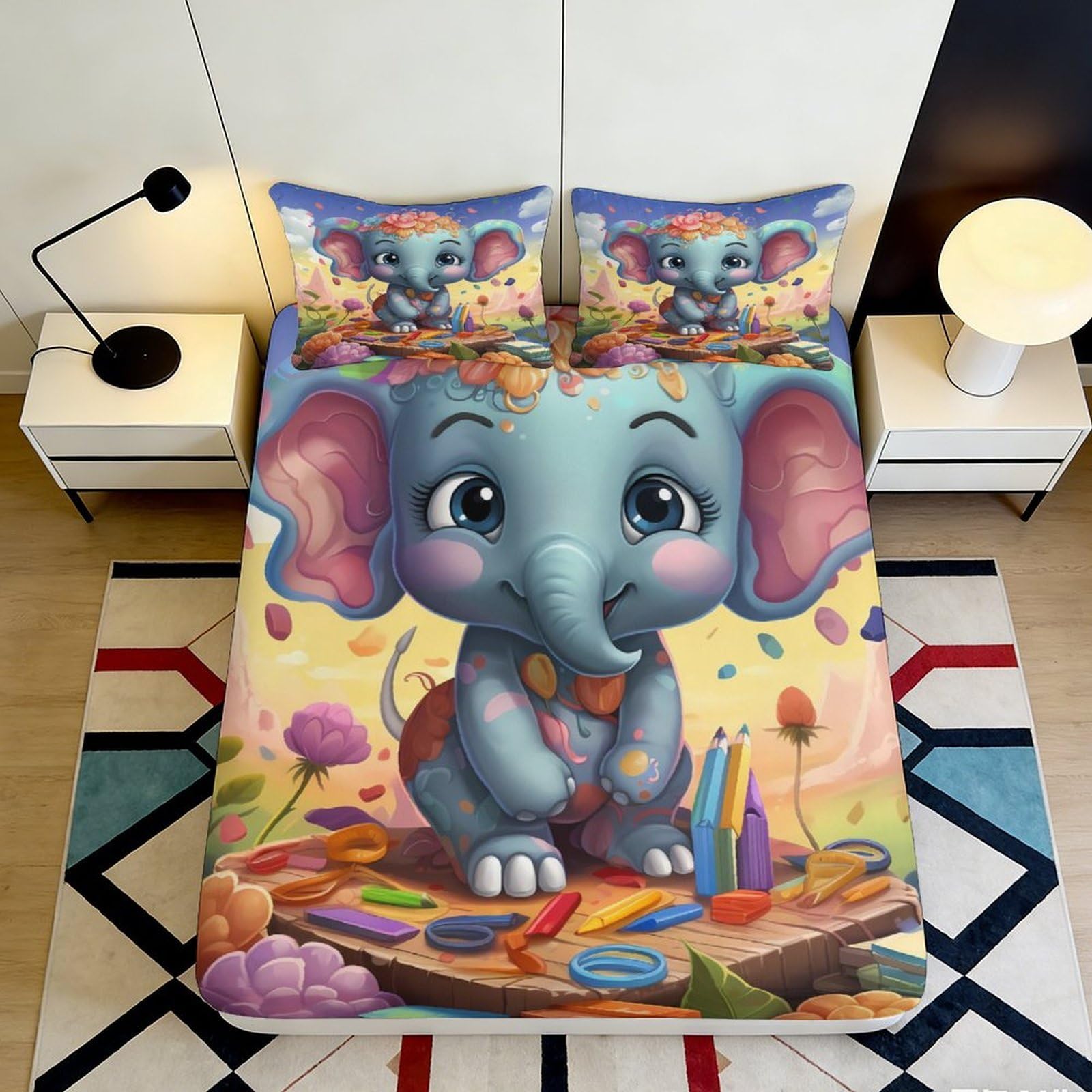 3D Printed Cute Blue Elephant Fitted Sheet Microfiber Soft Kids Cartoon Bed Cover for Bedroom Guestroom Easy Care 90x200x25cm
