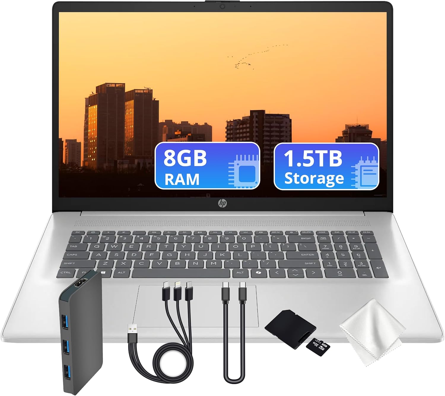 HP 17.3" FHD IPS Business Laptop, AMD Ryzen 5 7520U, AMD Radeon Graphics, 8GB LPDDR5, 1.5TB Storage (512GB PCIe SSD&1TB Docking Station Set), Numeric Keypad, Anti-Glare, Wi-Fi 6, Win 11 Pro, Silver