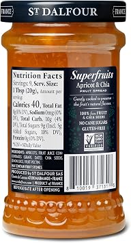 St. Dalfour Superfruits Apricot & Chia Fruit Spread - 6 oz - 100% from Fruit, Gluten-Free, No Artificial Ingredients, Non-GMO, All Natural, Made in France