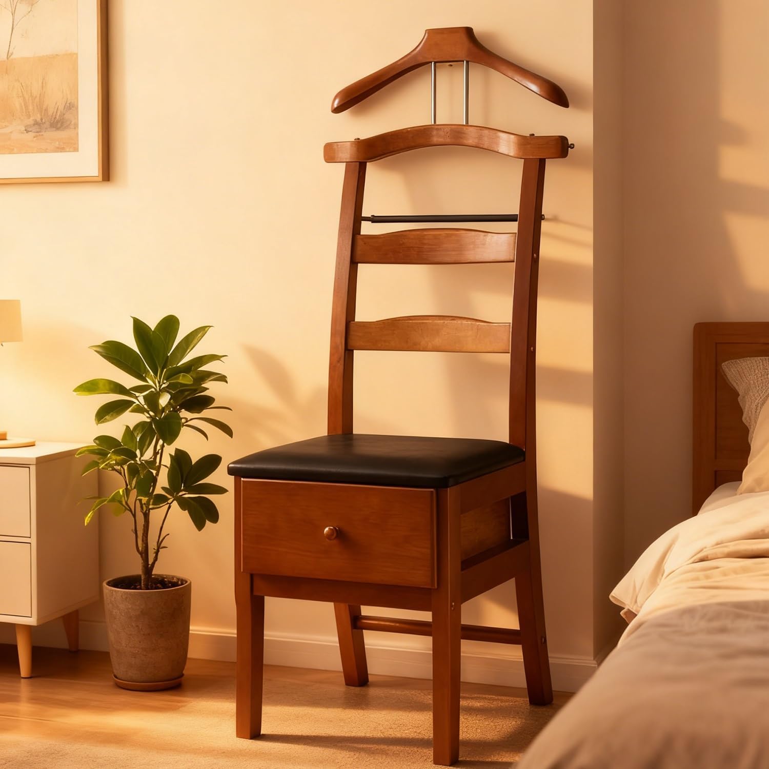 Brown Valet Stand with Office Chair Hanger & Drawer - Men's Accessory Organizer for Clothes, Watches, Keys & More