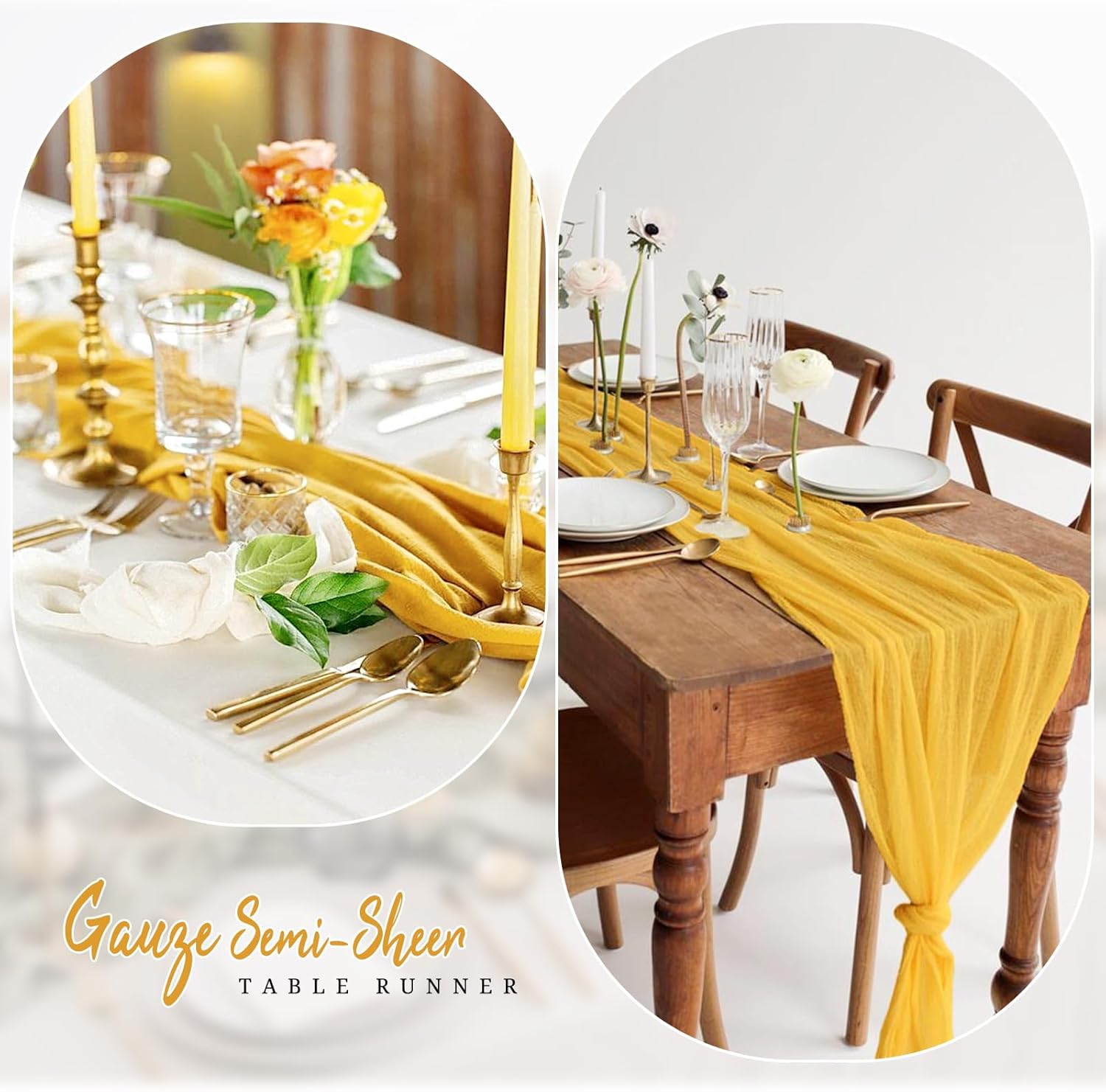 24 Pack Mustard Cheesecloth Table Runner 10FT, Boho Gauze Table Runner Long Romantic Sheer Fabric Cheese Cloth Table Runners for Wedding Bridal Shower Party Spring Easter Decor(21.5x157Inch)