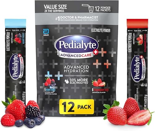 Miniatura 11 de Pedialyte AdvancedCare Plus - Polvo de electrolitos, con un 33% más de electrolitos y prebióticos PreActiv, Berry Frost, paquetes de polvo de bebida