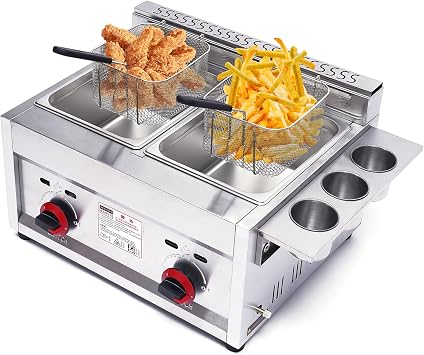 Commercial Gas Deep Fryer 12L Stainless Steel Dual Tank Gas Deep Fryer with 2 Baskets&Lid Countertop Fryer Frying Machine for Restaurant and Home Use