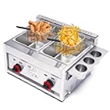 Commercial Gas Deep Fryer 12L Countertop Stainless Steel Dual Tank Kitchen Frying Machine w/2 Removable Baskets & Lid, Double Fryer for French Fries Turkey Donuts Home Kitchen Restaurant