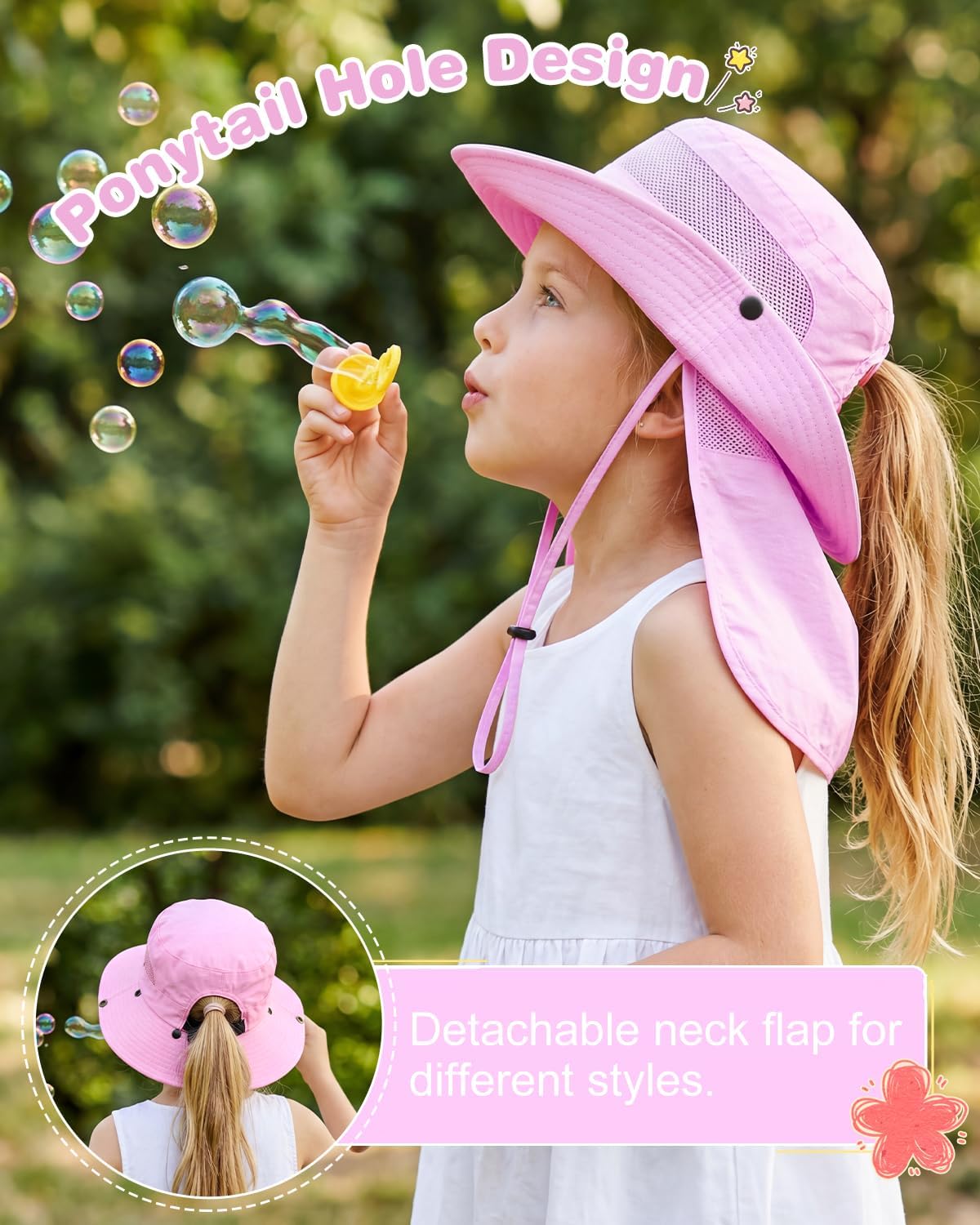 Century Star Kids Sun Hat with Ponytail Hole & Detachable Neck Flap UPF50+ Quick Dry Girls Bucket Hat for Outdoor Beach