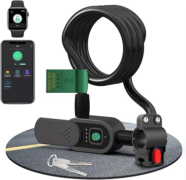Fingerprint Bike Cable Lock, eLinkSmart 59 Waterproof Heavy Duty Electric Smart Cable Lock with Key App iWatch Unlock for Bicycle Scooter Motorcycle Door Fence Gate Phone