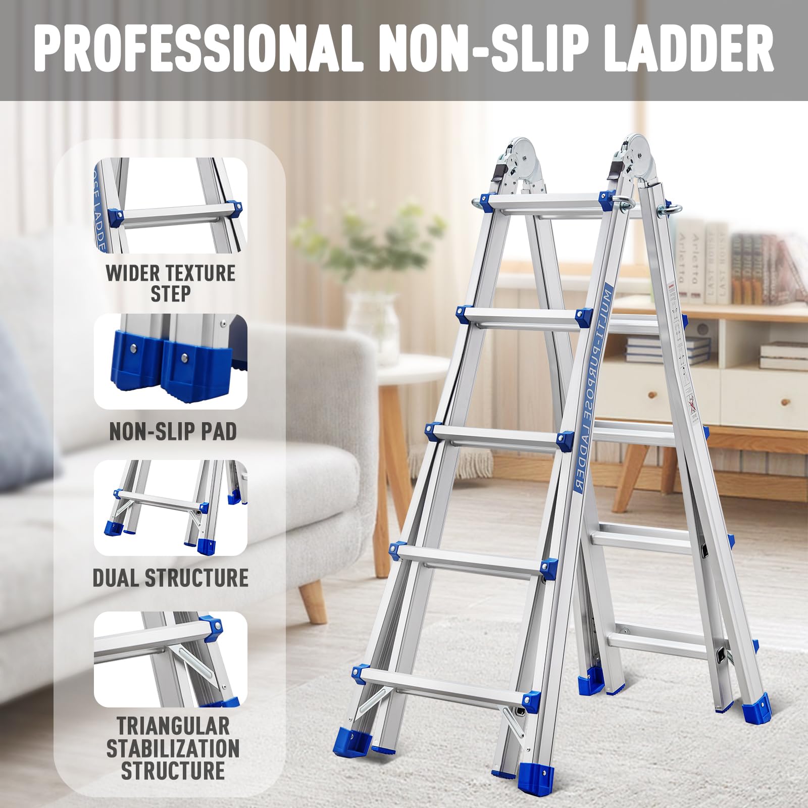 STANEW Scala Singola in Alluminio Multiuso 5,1m 4x5 pioli, Scala Multifunzione Telescopica Professionale, Pieghevole, Cavalletto di Prolunga, a Gradini e Bifacciale, Portata Max 150 Kg