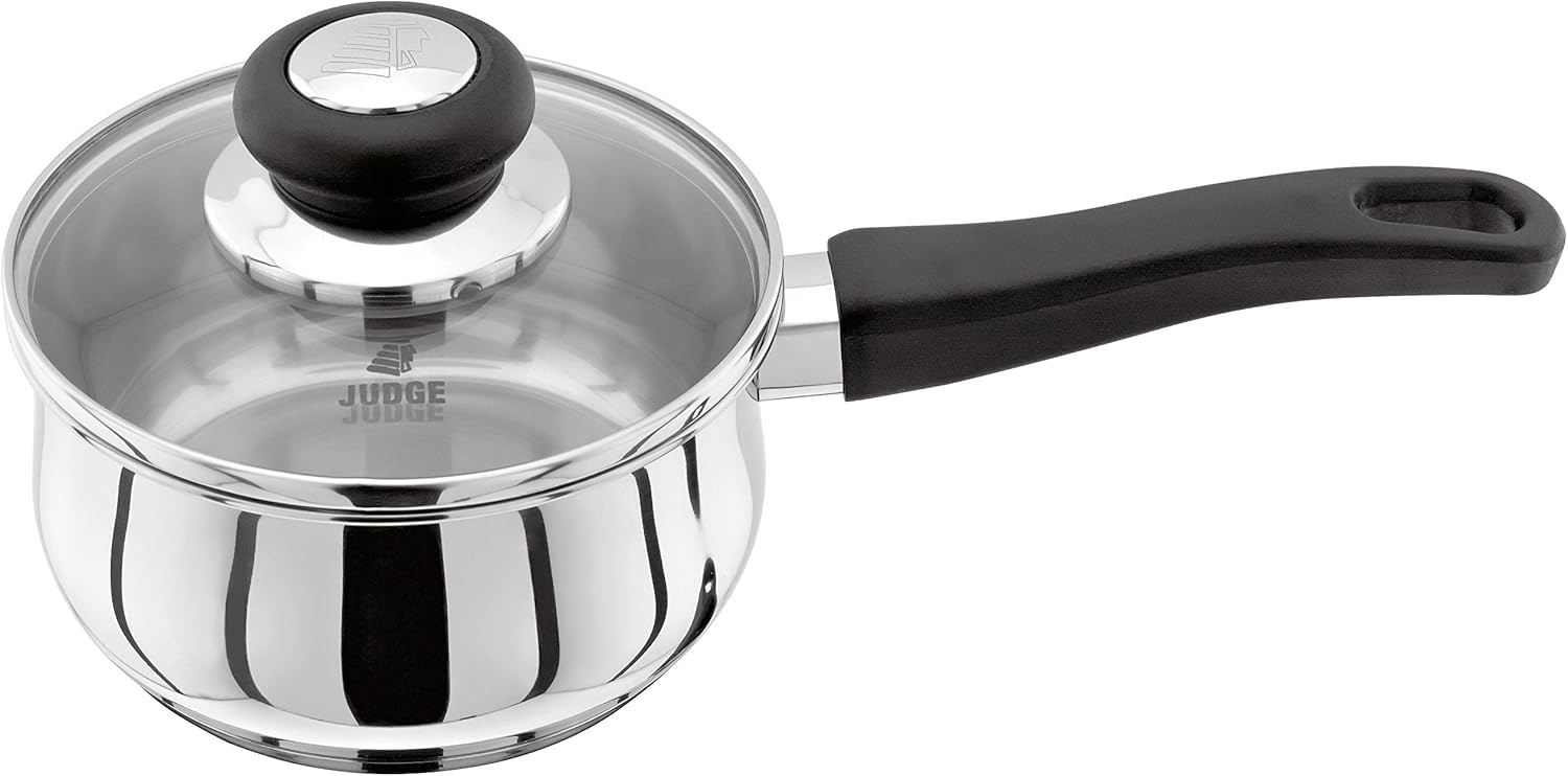 Judge Vista Stainless Steel Saucepan Medium 14cm 900ml, Shatterproof Vented Glass Lid, Induction Ready, Oven Safe, 25 Year Guarantee