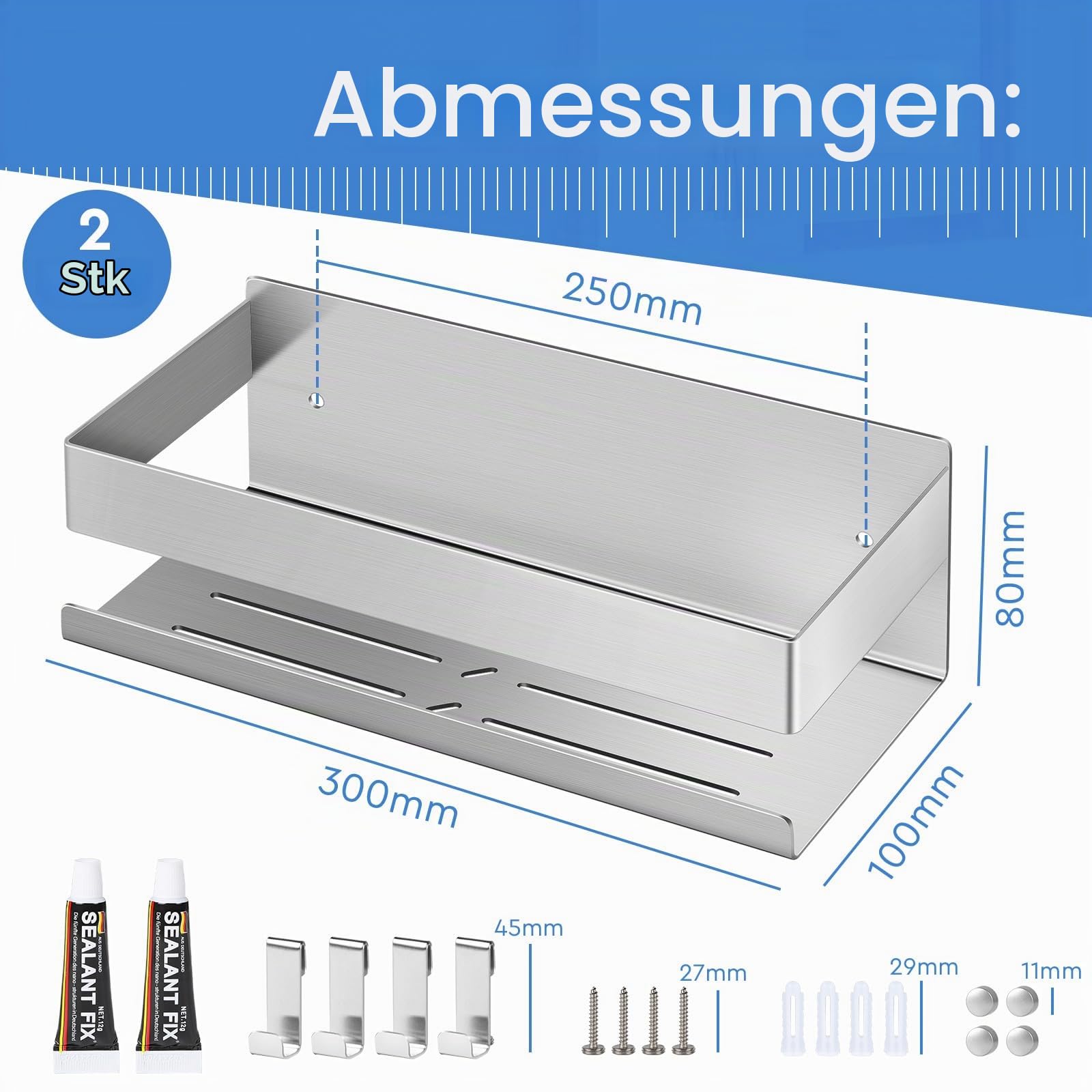 EXLECO 2X 30CM Duschablage Ohne Bohren Duschregal Wand Edelstahl Badregal mit 8 Haken Duschkorb zum Bohren Bad Regal Badezimmer Aufbewahrung Wandregal für Shampoo Duschgel 7.5cm Hoch Gebürstet Silber