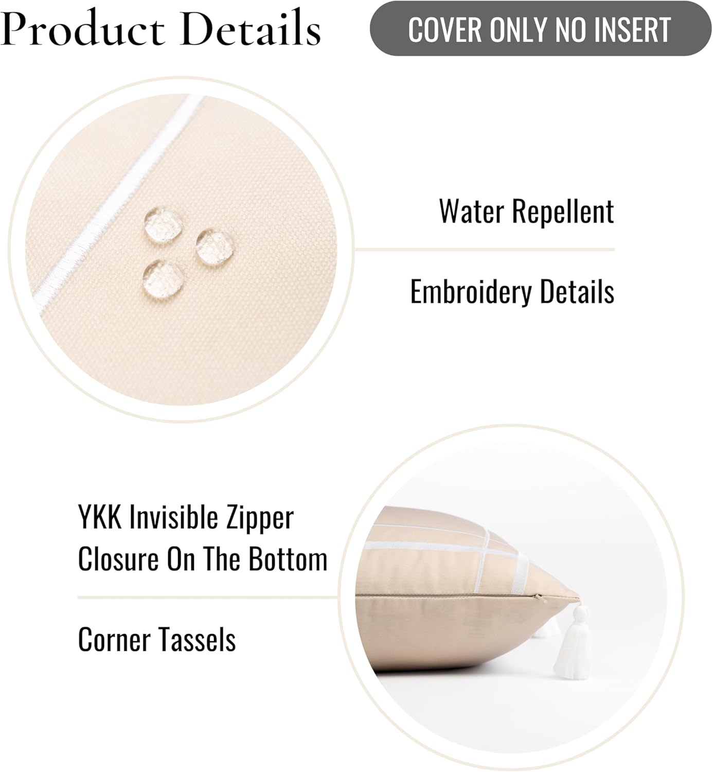 Hofdeco Premium Coastal Patio Indoor Outdoor Lumbar Pillow Cover Only, 12"x20" Water Repellent for Backyard, Couch, Neutral Tan Embroidered Line Frame