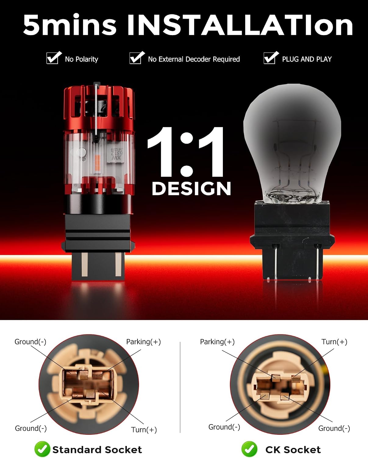 3157 P27/7W Red LED Brake Tail Light Bulbs, CANBUS Error Free,No Hyper Flash - 1860-SMD Chips Powerful & Super Bright with Cooling Fan - CK & Standard Socket Plug-and-Play