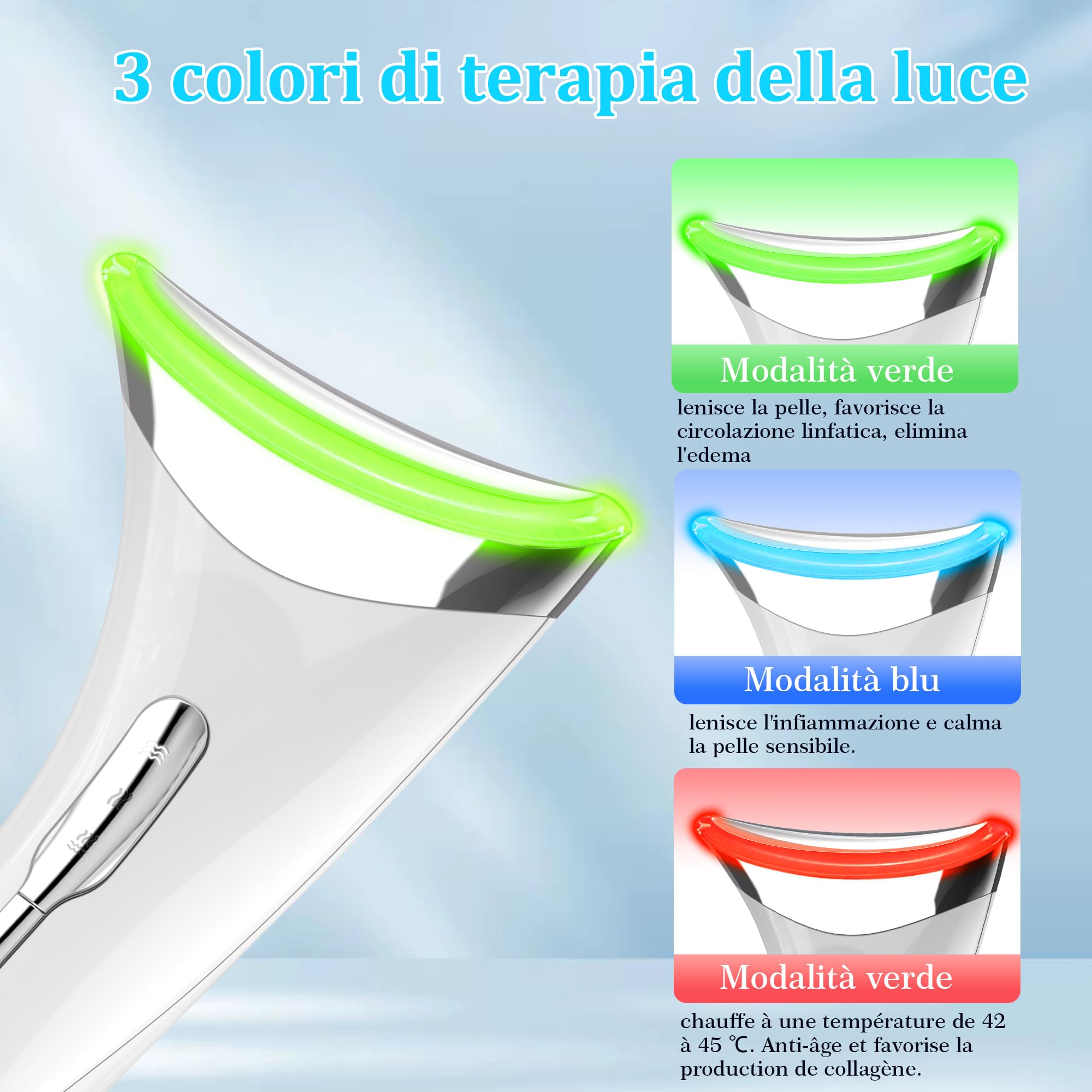 Massaggiatore Viso Antirughe, Dispositivo di Bellezza con 45 ℃ EMS per Lifting e Rassodamento Viso e Collo, Gua Sha Elettrico con 3 Modi LED Terapia Della Luce