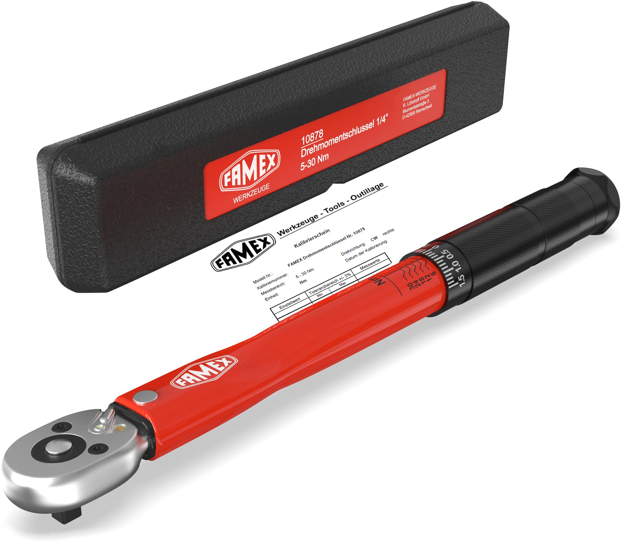 FAMEX 10878 Llave dinamométrica de 1/4 pulgadas (6,3 mm), accionamiento 5-30 Nm, para medición en ambas direcciones de giro, para bicicleta eléctrica, mecánica de precisión, probada, pequeña