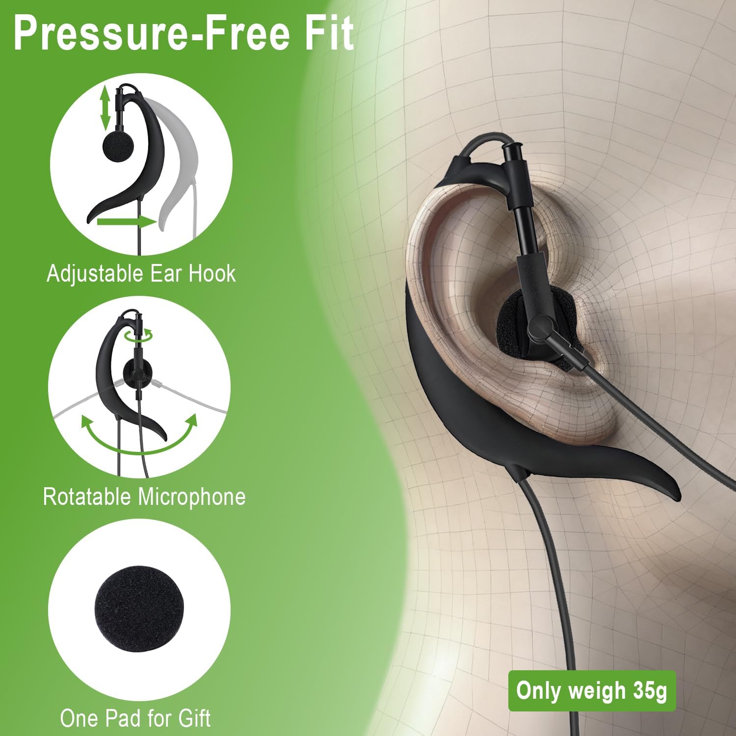 Wired USB Earbud with Microphone Single-Side USB-A Computer Headphone with Adjustable Ear Hook for PC Laptop Computer Mac Zoom Teams Office Work with Volume Controls & Mic/Speaker Mute, Lightweight