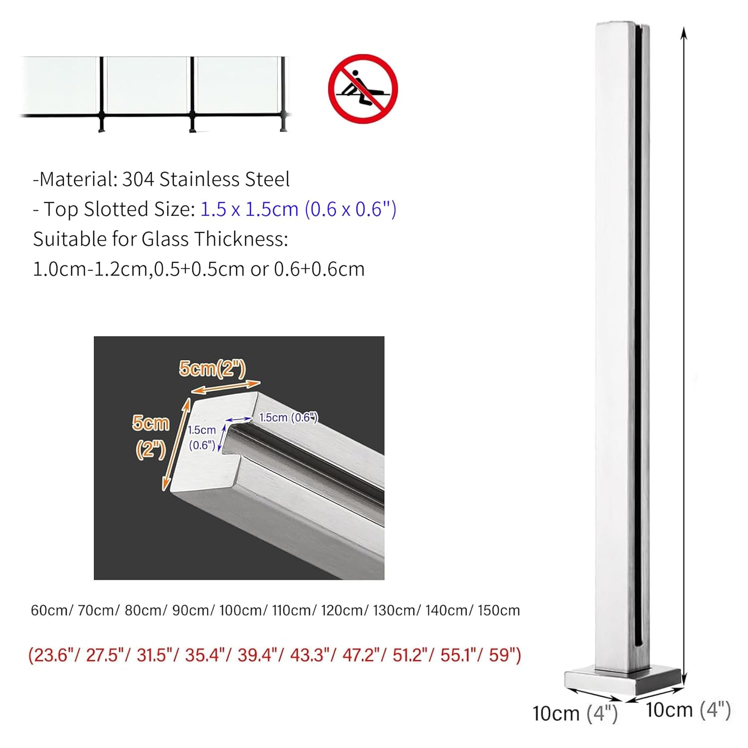 Stainless Steel 304 Glass Stair Railing Post System - 2 PCS End Posts with Rubbers, Suitable for 10-12mm Glass, 65cm Metal Balustrade (Silvery)