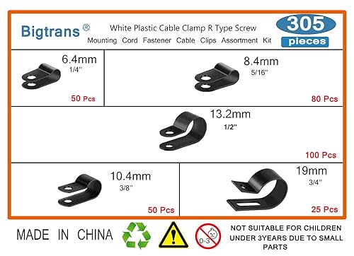 Miniatura 2 de Bigtrans - 305 clips de alambre de plástico de nailon tipo R de 14 pulgadas, 516 pulgadas, 38 pulgadas, 12 pulgadas, 34 pulgadas, surtido de
