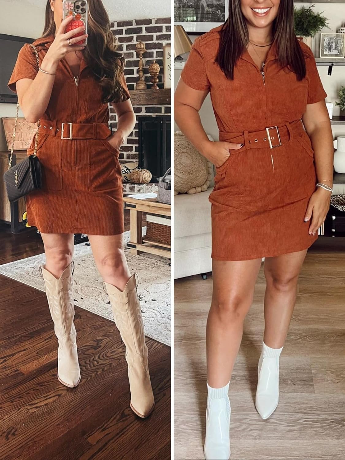 Women's Corduroy Mini Dress Short Sleeve Lapel Zip Up Belted Cowgirl Dresses with Pockets - Image 5