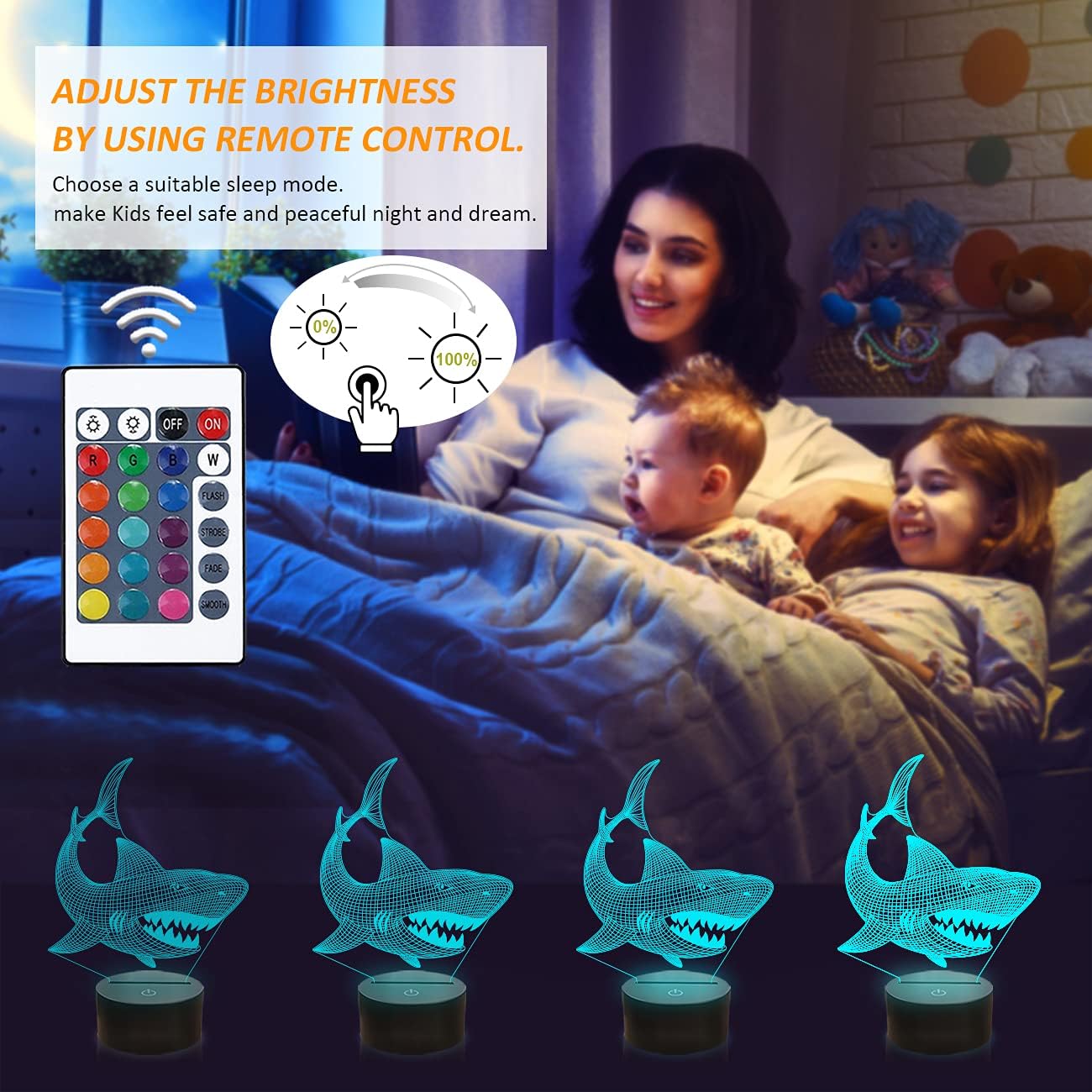 FULLOSUN Shark 3D Illusion Night Light Animal Touch Table Desk Lamp, with Remote Control 16 Colors Optical USB LED Nightlight for Kids Holiday Gift Room Decoration