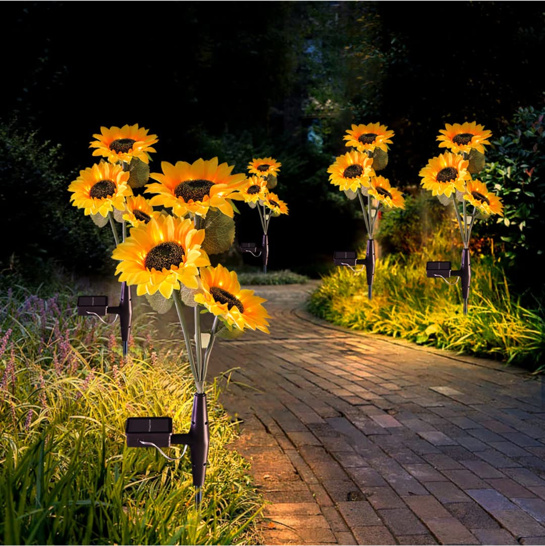 Luci solari per esterni, luci a LED a forma di girasole, IP67, impermeabili, per giardino, cortile, patio, passerella, set da 4 pezzi con 8-10 ore di illuminazione
