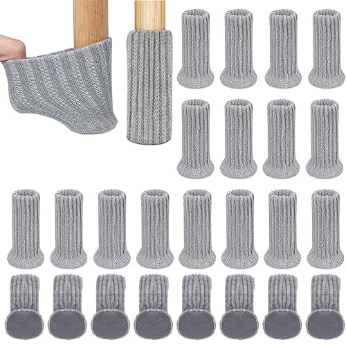24 Stück Stuhlbeine Socken,Möbel Socken,Stuhlsocken,Filz Stuhlbeinkappen,Elastisch,Dicke Unterseite,Gestrickte Stuhlbeine Socken für Möbel,Tisch, Bodenschutz(Grau) Cover