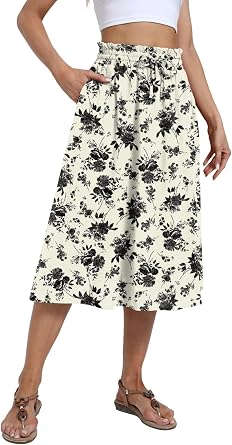 Yincro Womens Summer High Waisted Midi Skirt Elastic Waistband A-Line Skirt with Pockets