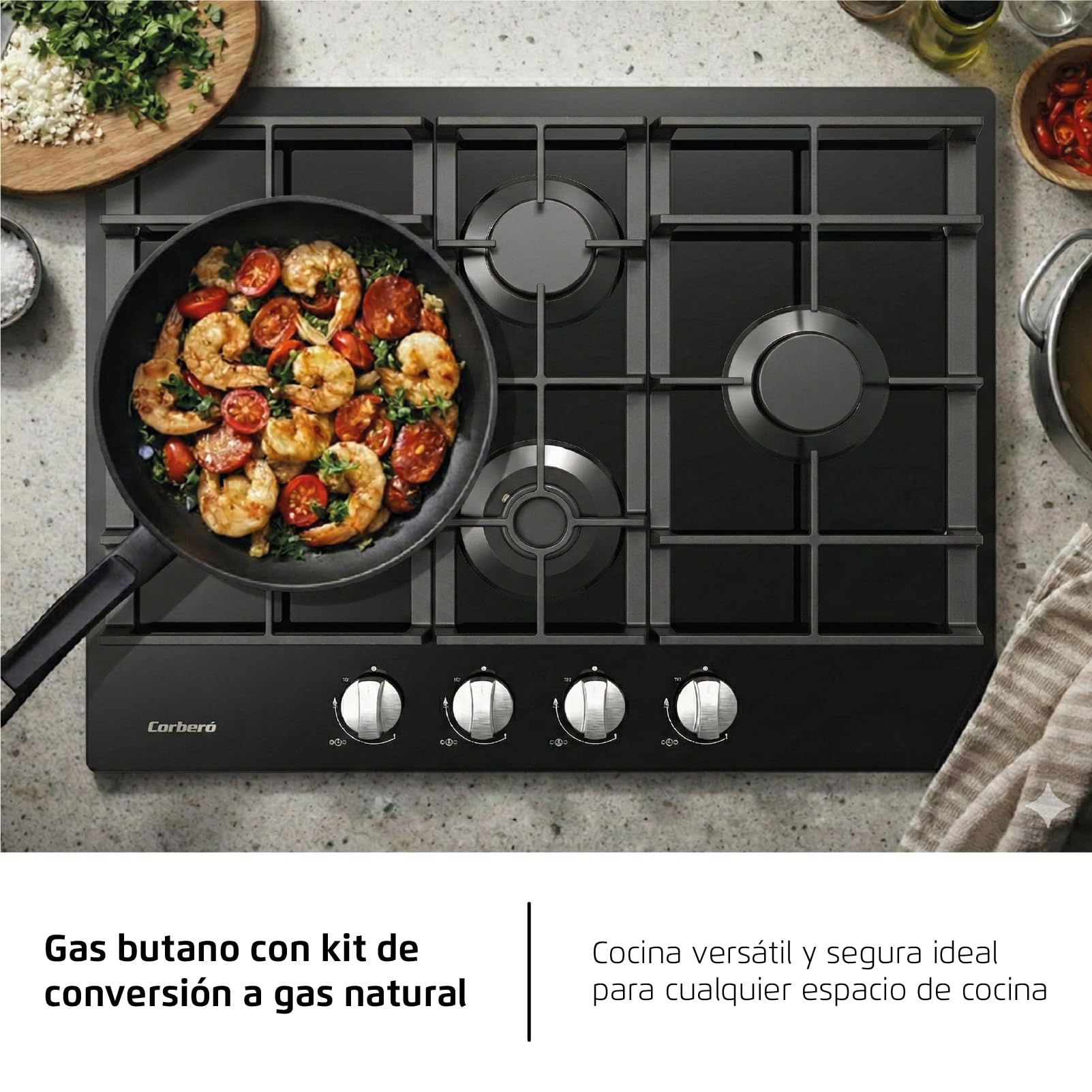 Corberó - Placa Gas Cristal LUX | CPCGM4F4126N | 4 Zonas | Potencia 8.05kW | Autoencendido | Zona WOK | Capa protección Clean + | Desconexión Automática | Cristal Negro