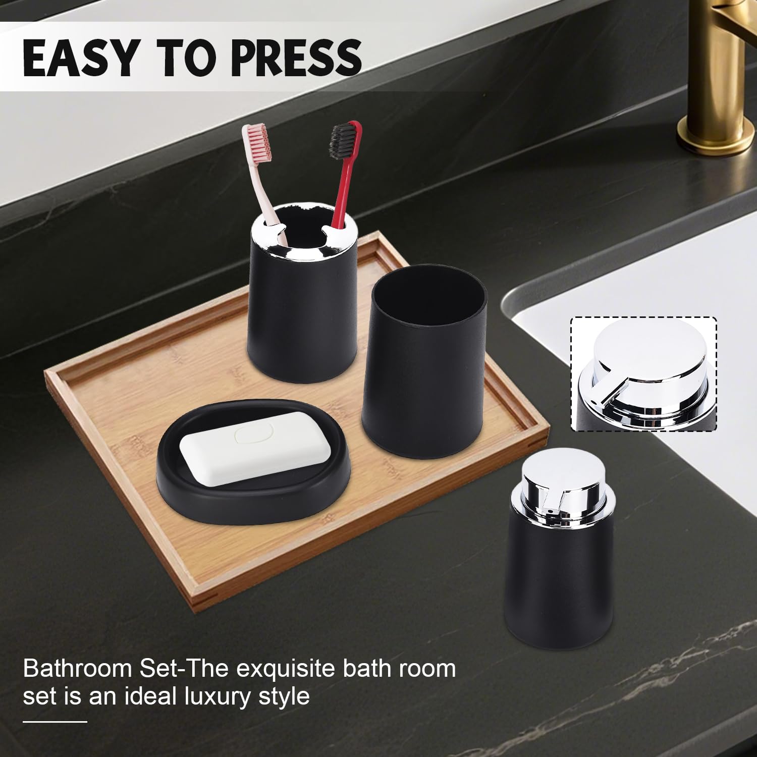 Tissting Set Completo Accessori Bagno 6 Pezzi Design Moderno Nero in PP Plastica con Pattumiera, Scopino, Portaspazzolino, Dispenser di Sapone per Lozione, Portasapone, Tazza