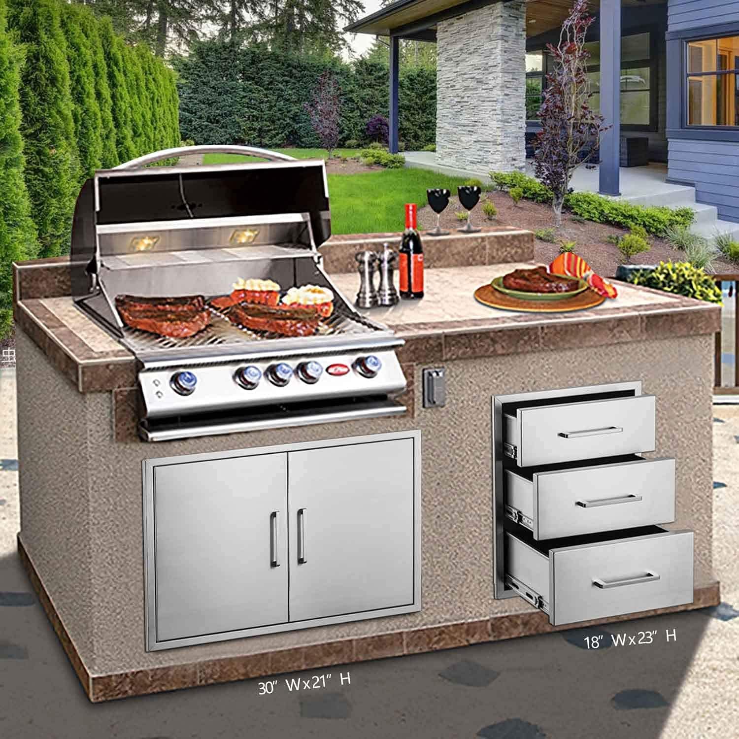 HomVent Outdoor Kitchen Drawers, Flush Mount BBQ Drawers Double/Triple Layer Access Storage Drawer, Stainless Steel Kitchen Drawer for Outdoor Kitchens or BBQ Island (20.35 x 12.99 x 20.86 inch)