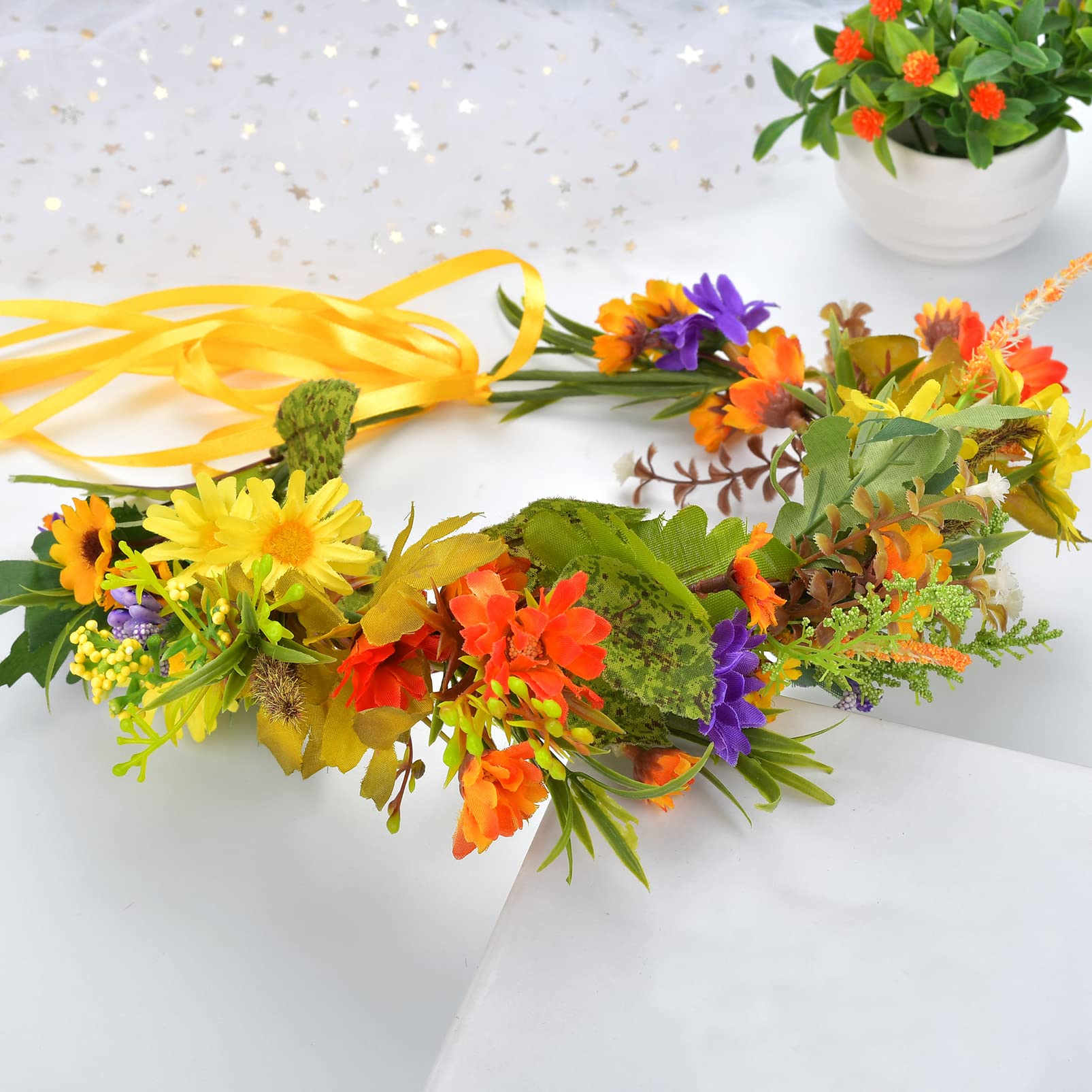 Blumenkrone Blumengirlande Stirnband Haarkranz Floral Kopfschmuck Halo Boho Party Abschlussball Hochzeit Fotos Golden