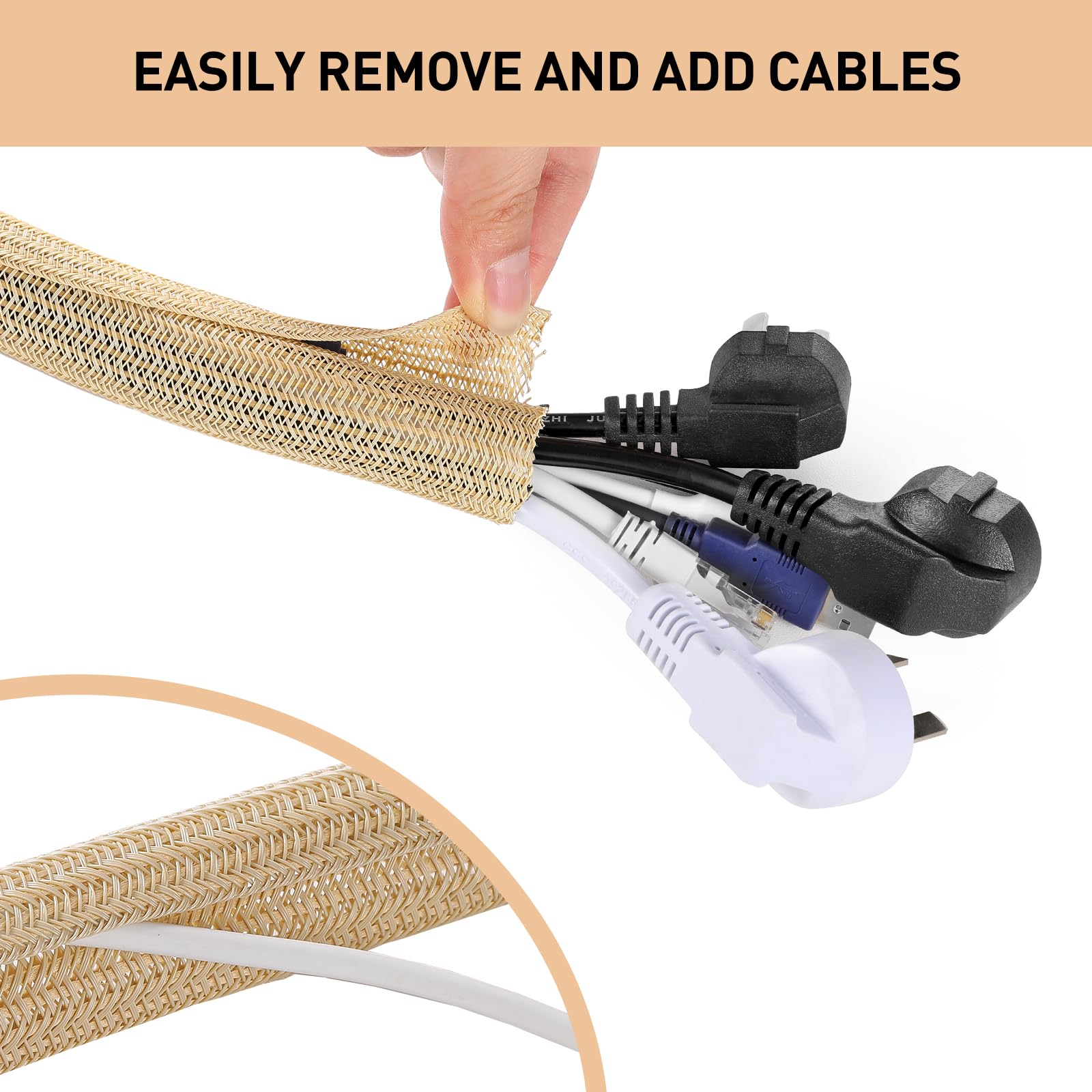 AGPTEK Pokrowiec na kable, organizer, biurko, 3 m – 2 cm, domowe biuro, do zarządzania przewodami, do komputera, TV, ochrona przed zwierzętami, ochrona przed żuciem przez kota, psa, brązowy (wood)